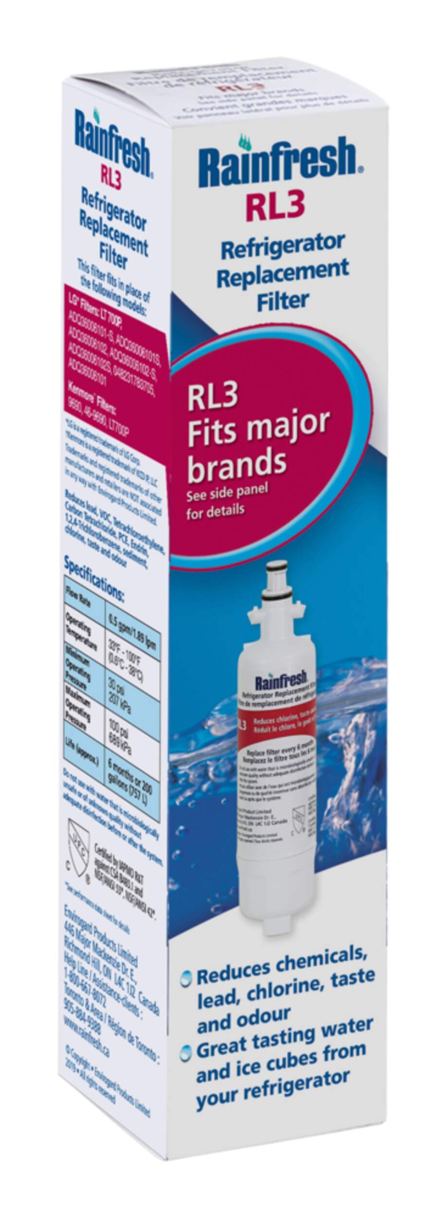 Rainfresh RL3 Fridge Replacement Water Filter for LG Fridges Canadian