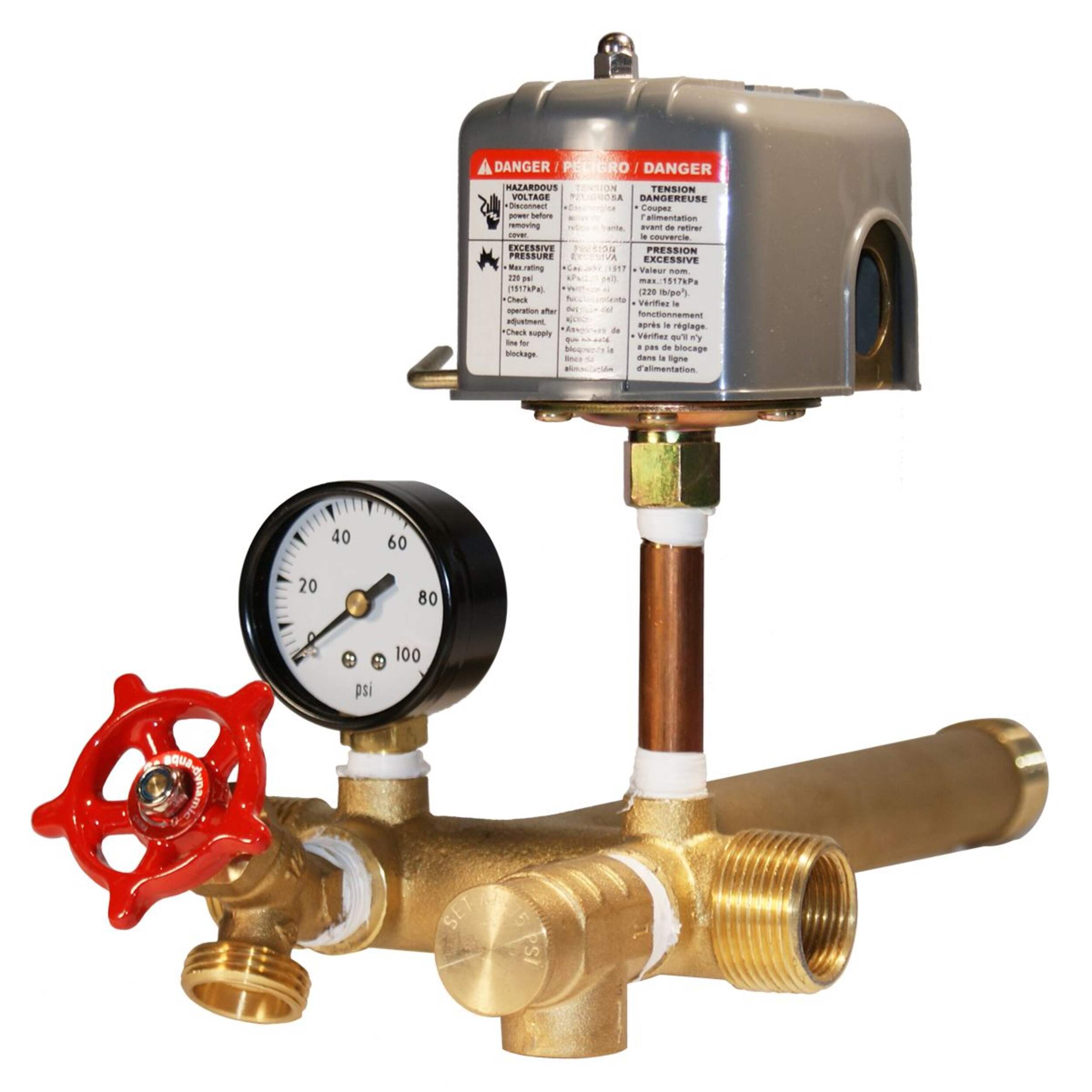 Superior Brass Connector Tee for Vertical Tanks, 1-in Connection, Brass Front_Three_Fourths_Angled_Left