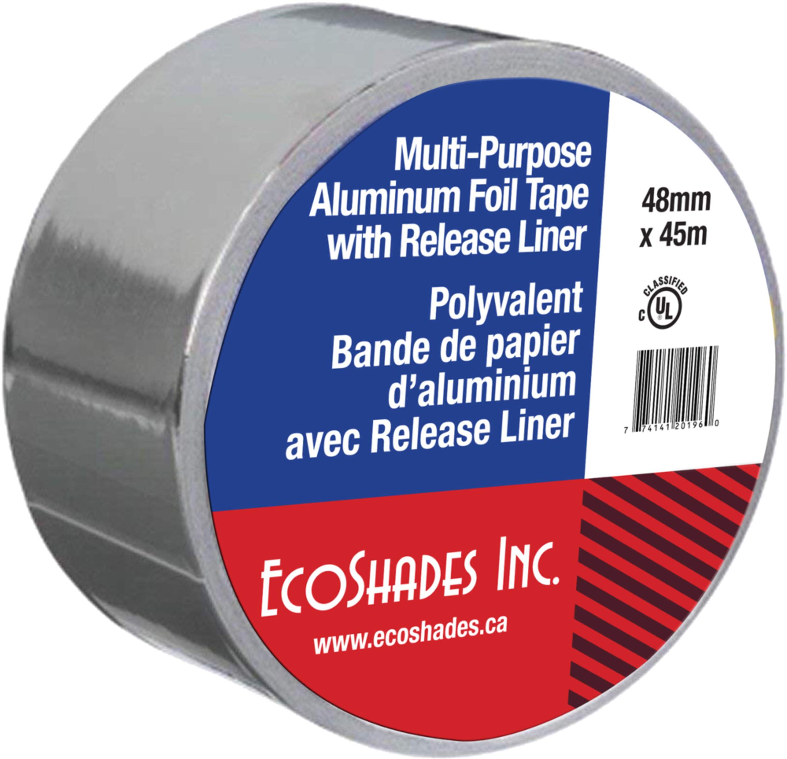 Ruban d'aluminium tout usage Ecoshades à revêtement antiadhésif 2 po x 150 pi, gris Front_Angled_Right