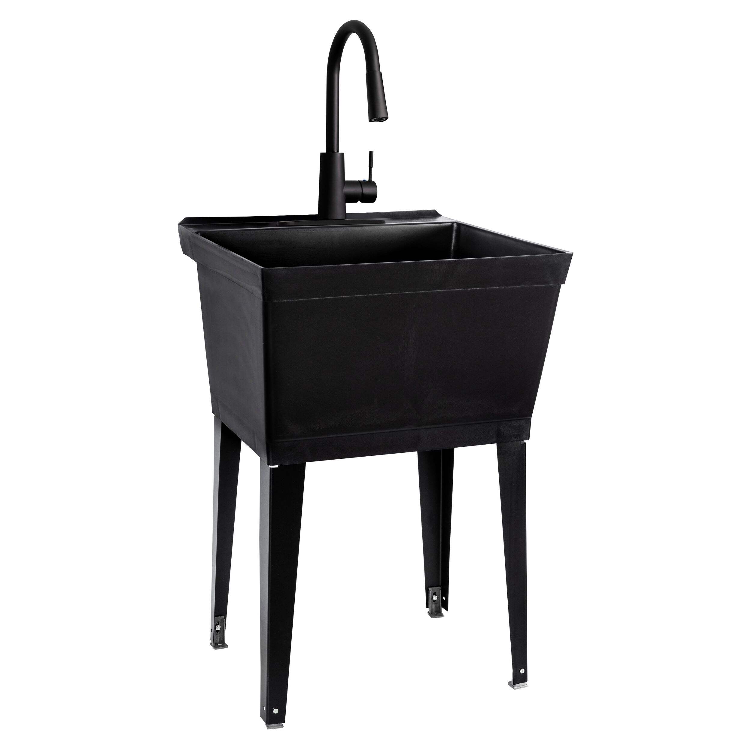 Tehila Standard Laundry Tub with Steel Legs & Pull-Down Faucet, 24-in x 23-in x 50-in, Black Front_Three_Fourths_Angled_Left