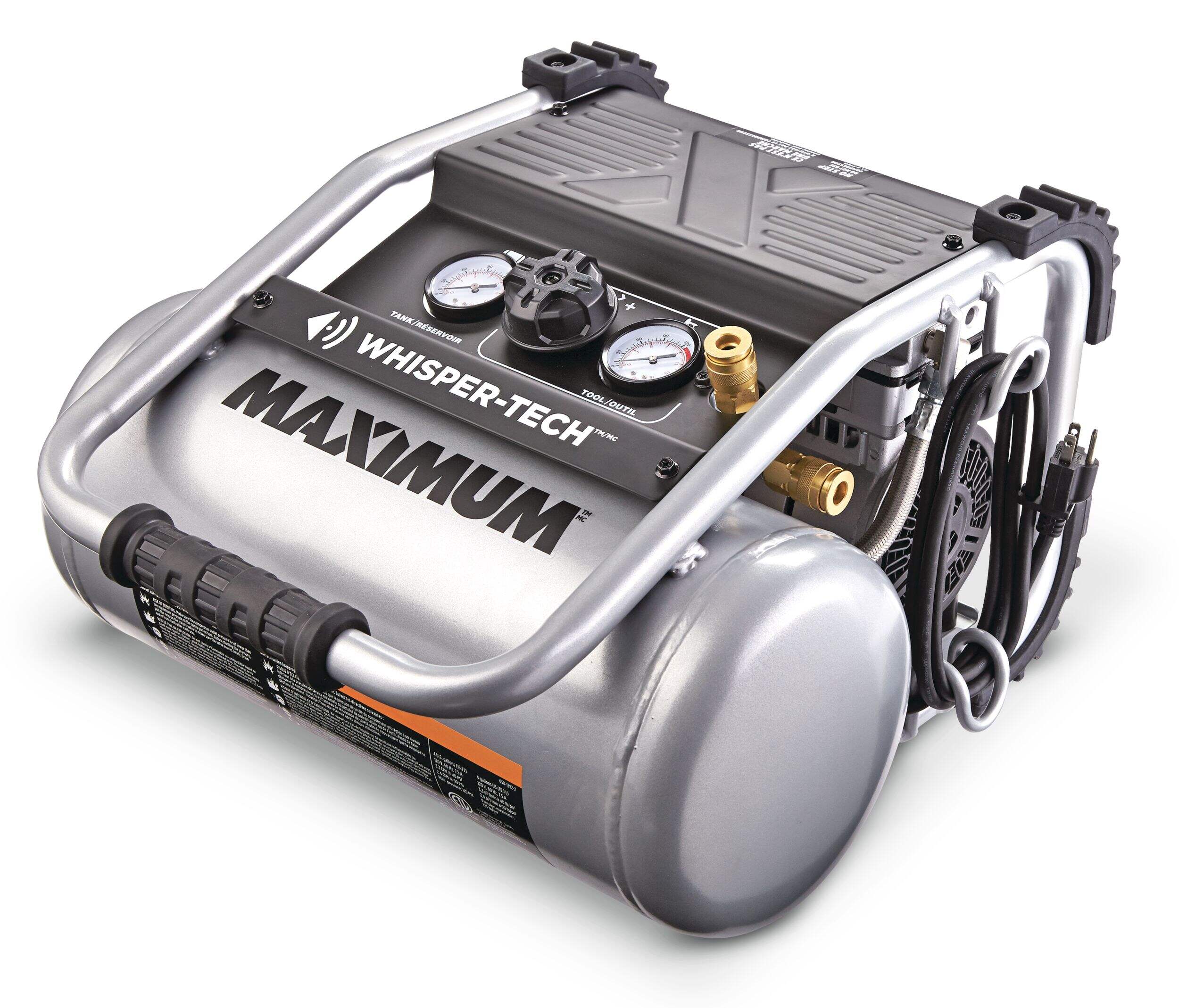 MAXIMUM 4-Gallon Ultra Quiet Portable Air Compressor with Dual Position Pump, 125 PSI Front_Three_Fourths_Angled_Left