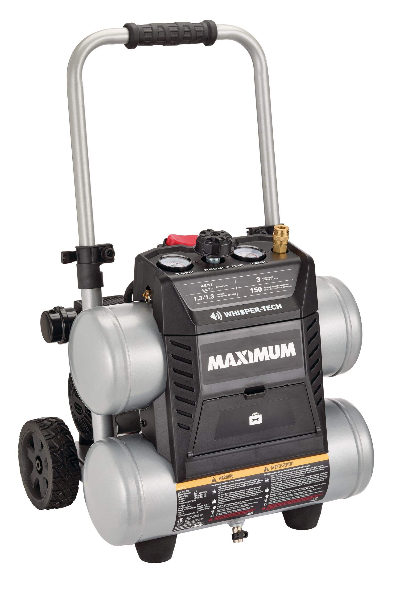 MAXIMUM 4.5-Gallon Quiet Air Compressor, 150 PSI, 1.3 HP Front_Three_Fourths_Angled_Right