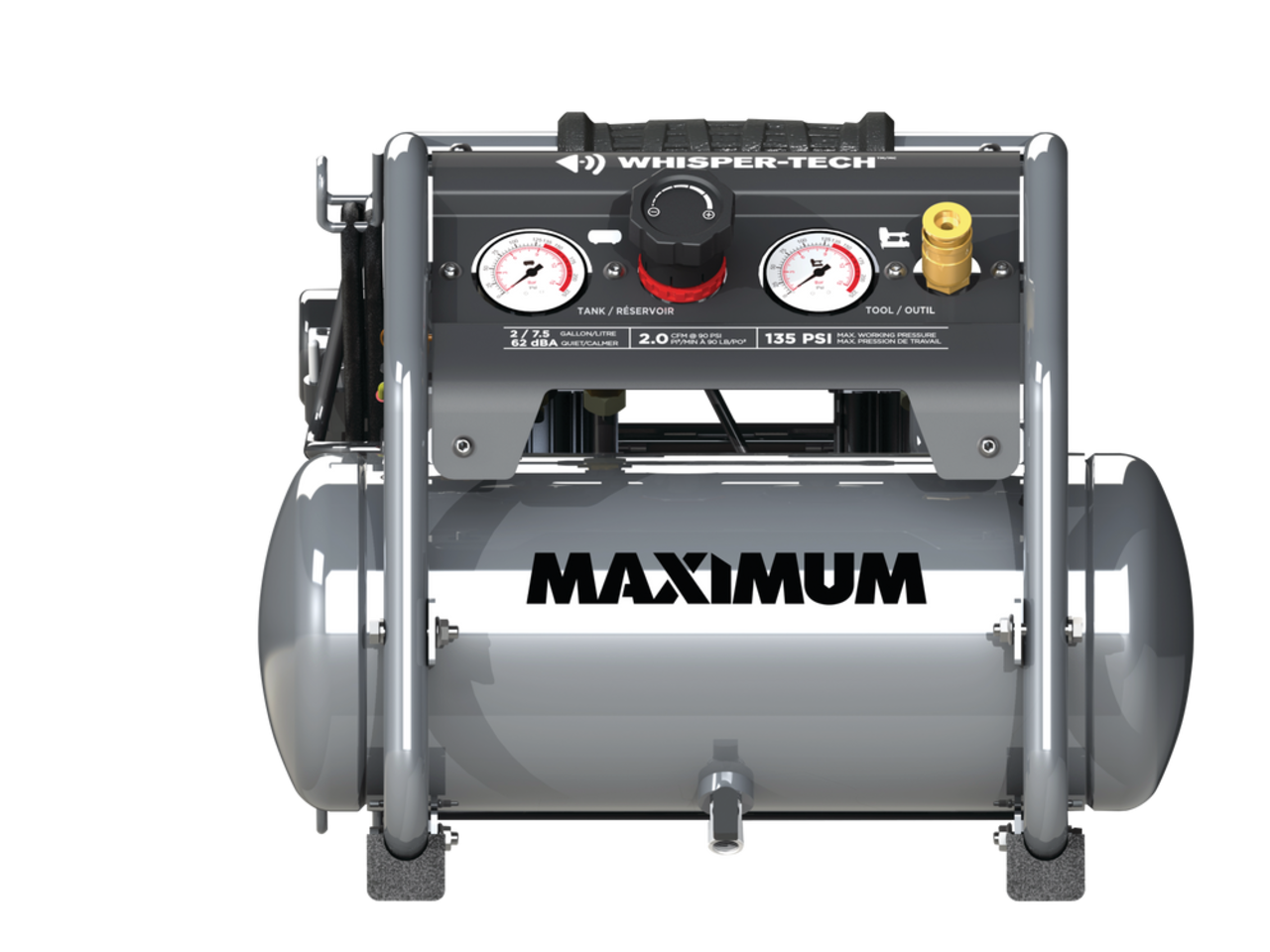 Compresseur d'air silencieux et sans huile - 2 gallons - 125 PSI max.