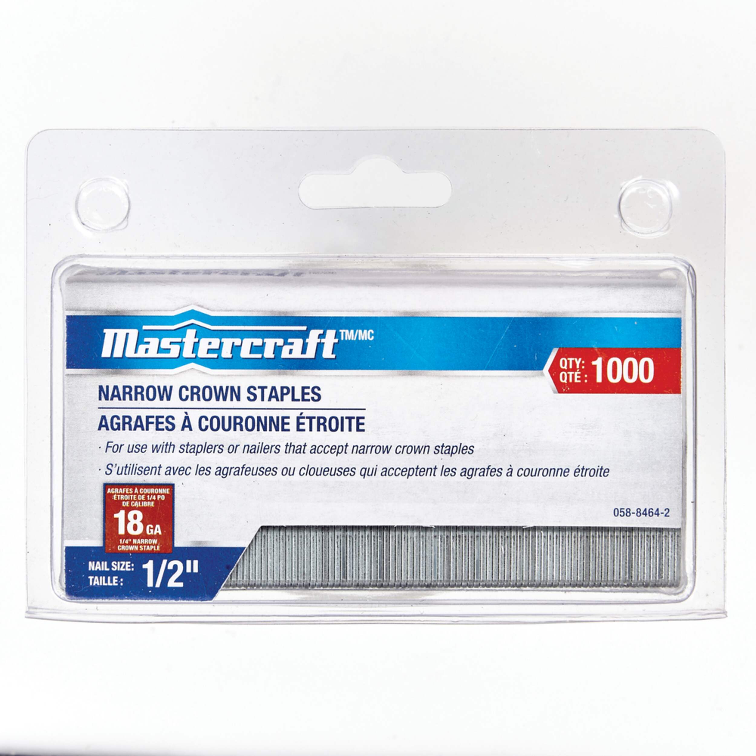 Mastercraft 18-Gauge Galvanized Steel Narrow Crown Staples, 1/4 x 1/2-in, 1000-pc Front_Flat