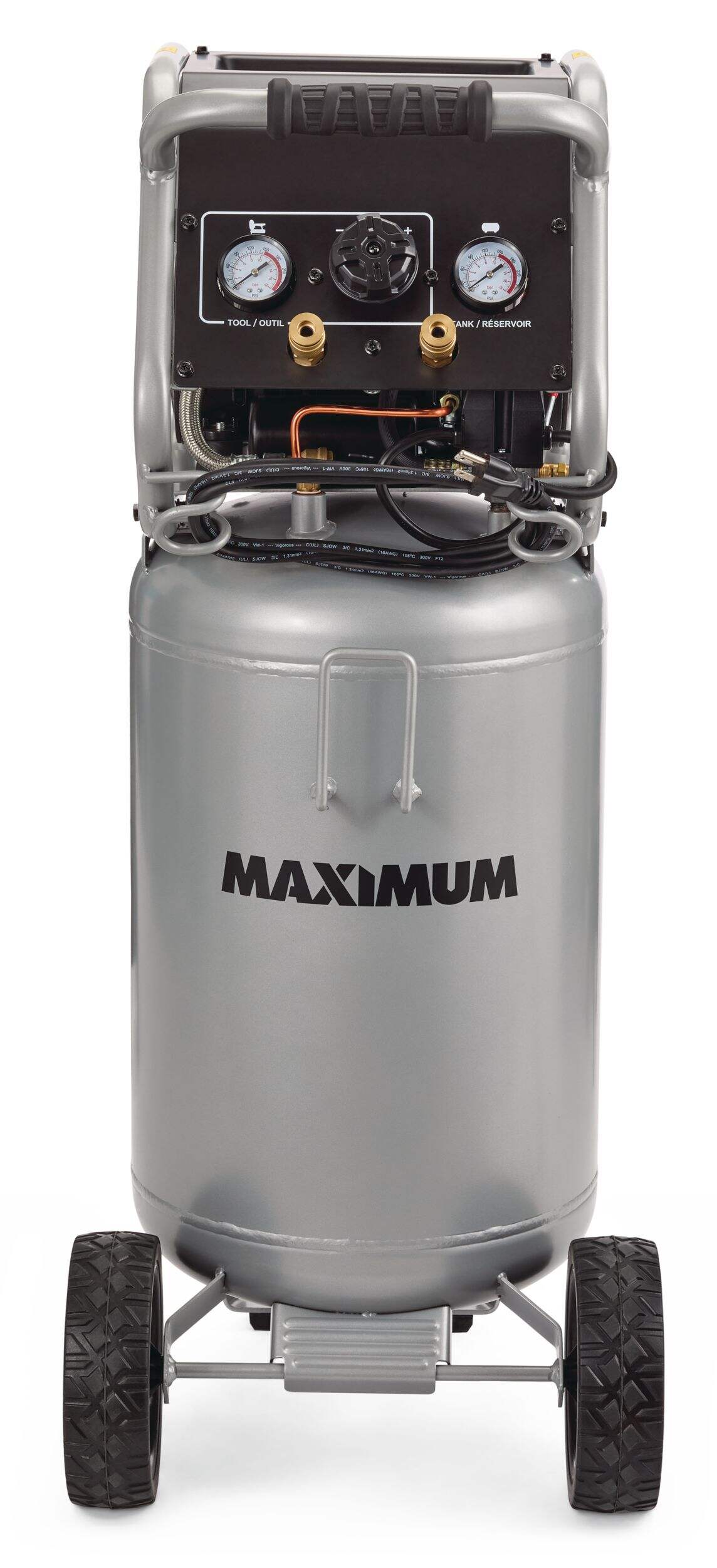 MAXIMUM 15-Gallon Oil-Free Quiet Portable Vertical Air Compressor with Top Tray Front_Flat