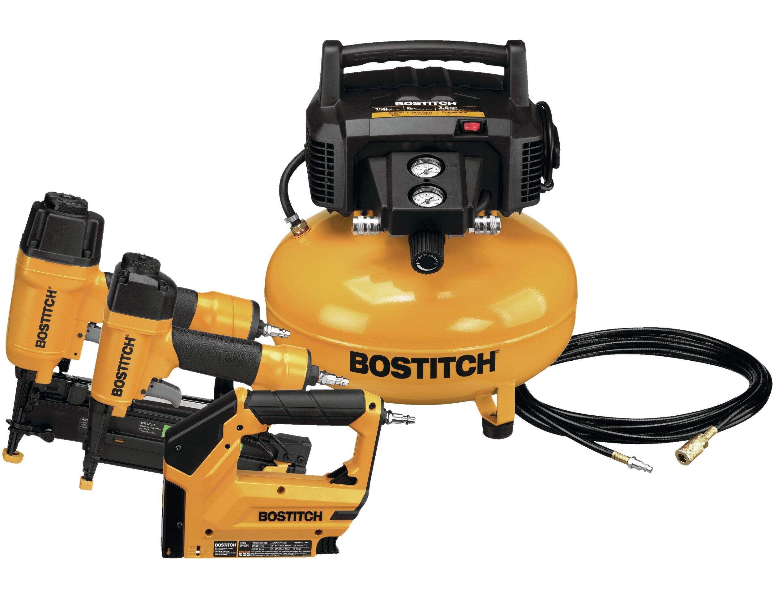Bostitch Oil-Free Portable 3-Gun & Pancake Air Compressor Combo Kit, 150-PSI Composite_or_Mixed