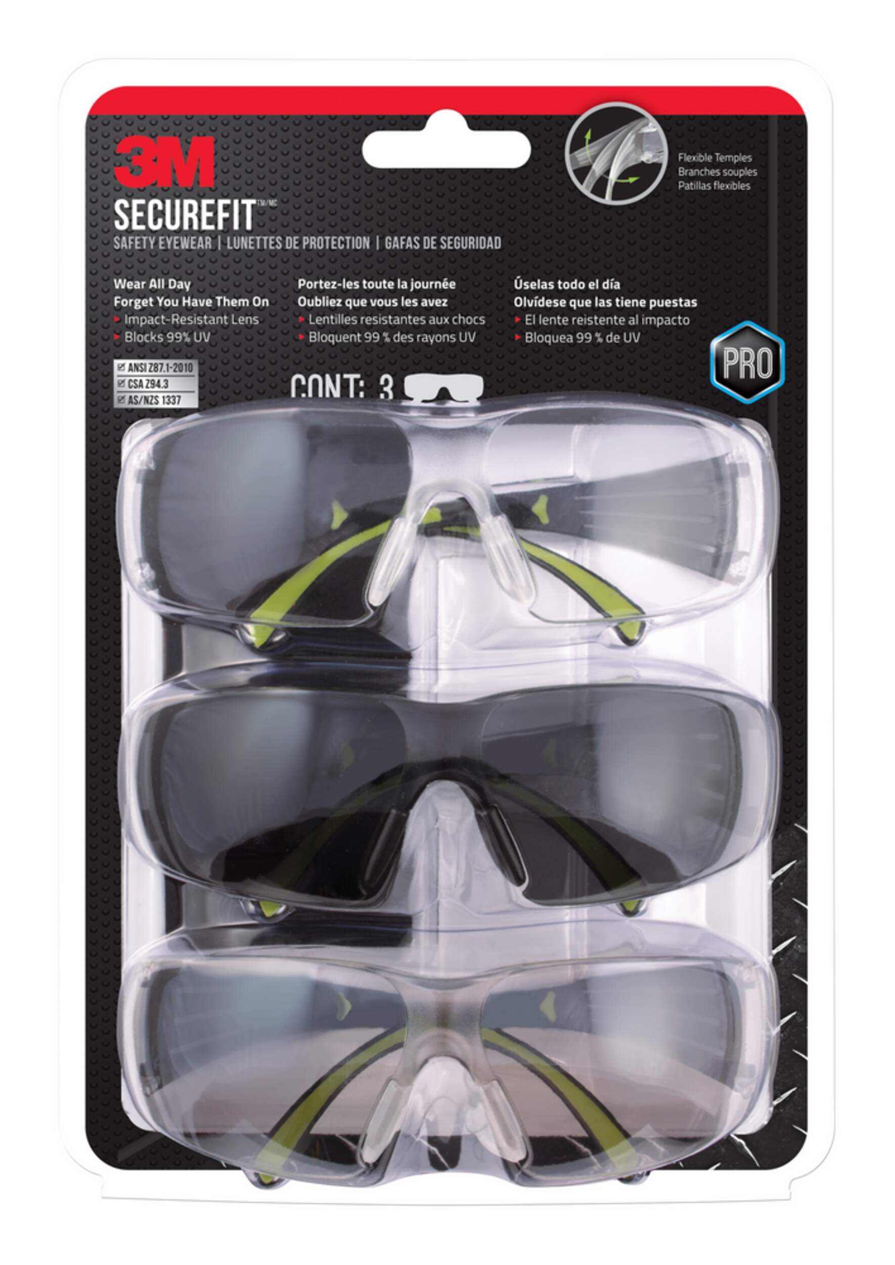 3M™ SF400-W-3PK-PS SecureFit™ Pro Anti-Fog Anti-Scratch Safety Glasses Set, 3-pc Front_Flat