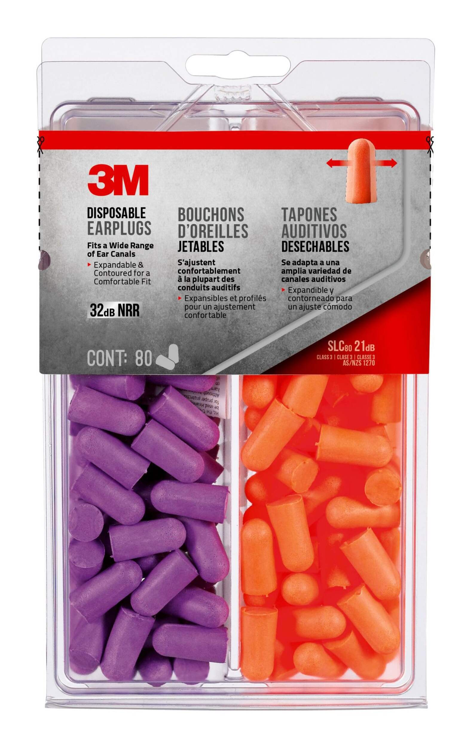 3M™ 92800-80-6DC NRR 32dB Uncorded Disposable Earplugs, Purple/Orange, 80-Pairs Front_Flat