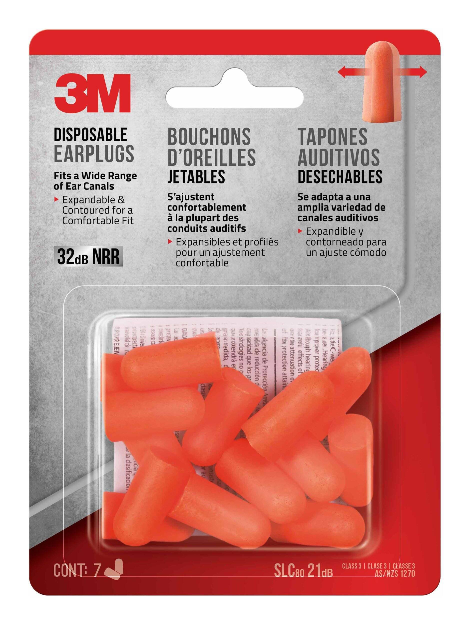 3M™ 92077-7-10DC NRR 32dB Uncorded Disposable Earplugs, Orange, 7-Pairs Front_Flat