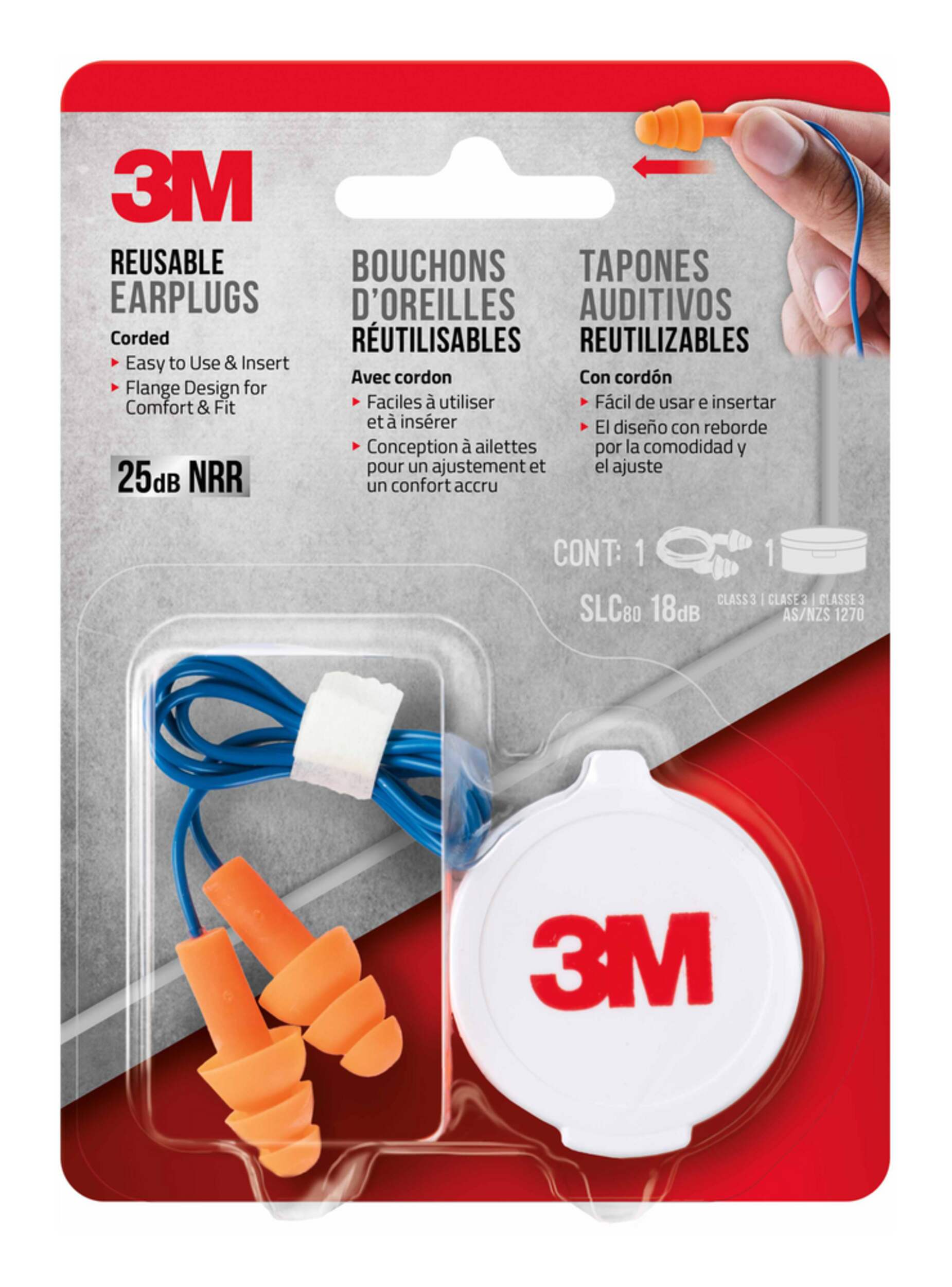 3M™ NRR 25dB Corded Reusable Earplugs, Orange/Blue, 1-Pair Front_Flat