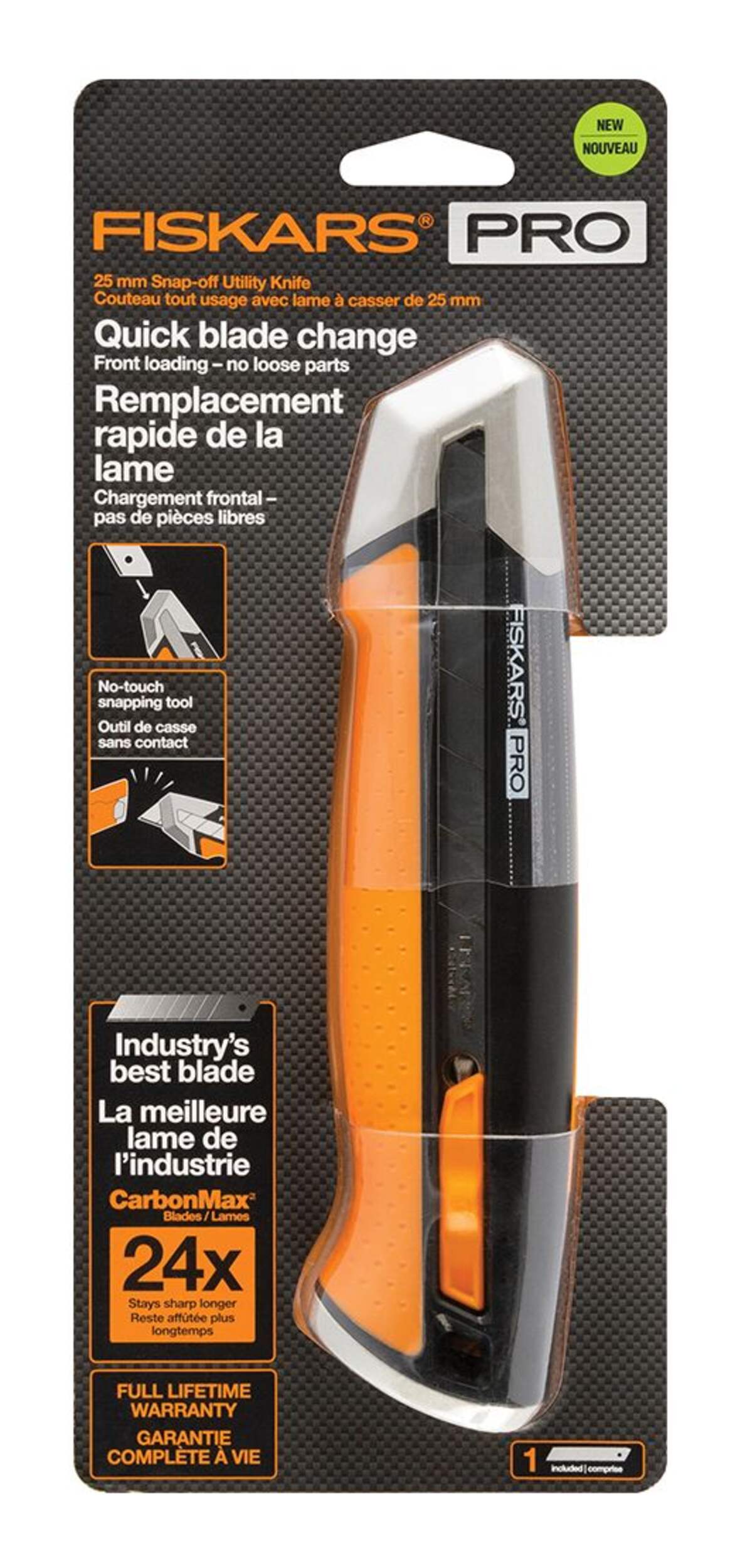 Fiskars Pro Snap-Off Blade Utility Knife, 25-mm, Black/Orange Front_Flat