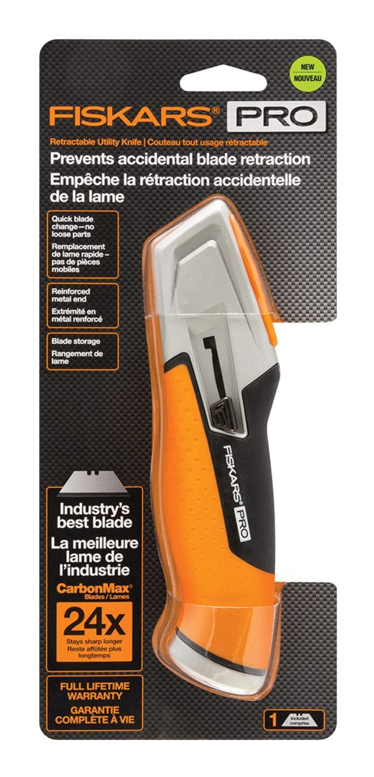 Fiskars Pro Retractable Blade Utility Knife, Black/Orange Front_Flat