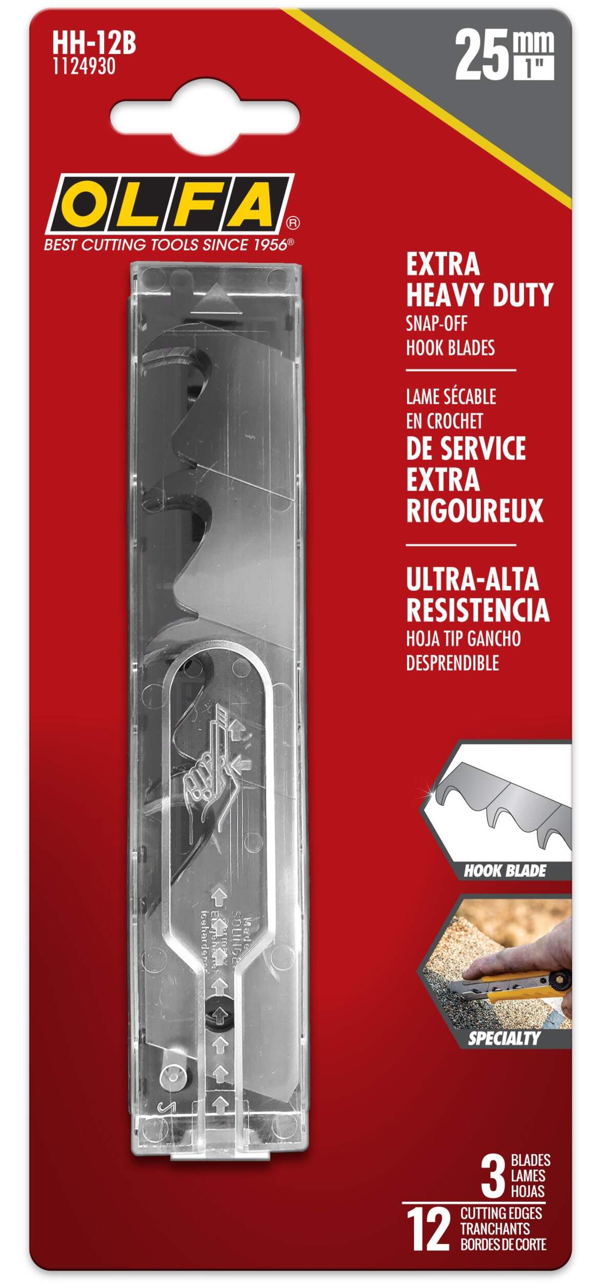 OLFA HH-12B 1124930 Extra Heavy-Duty Snap-Off Hook Blades, 25-mm, 3-pk Front_Flat