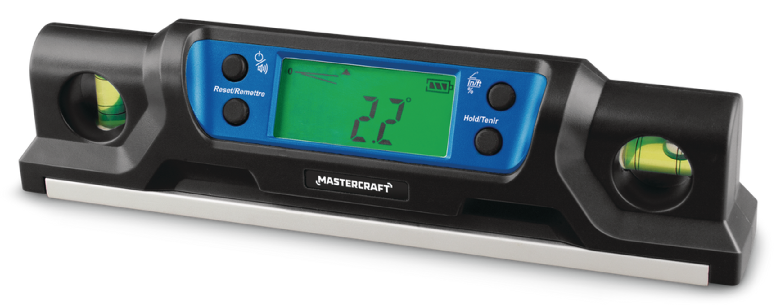Mastercraft Acrylic Torpedo Spirit Level with Backlit LCD, 8 in, Black Front_Angled_Left