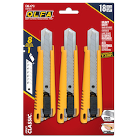 Couteaux utilitaires robustes à lames cassables à blocage automatique OLFA EXL-CP3 1107373, 18 mm, jaune, paq. 3 Front_Flat