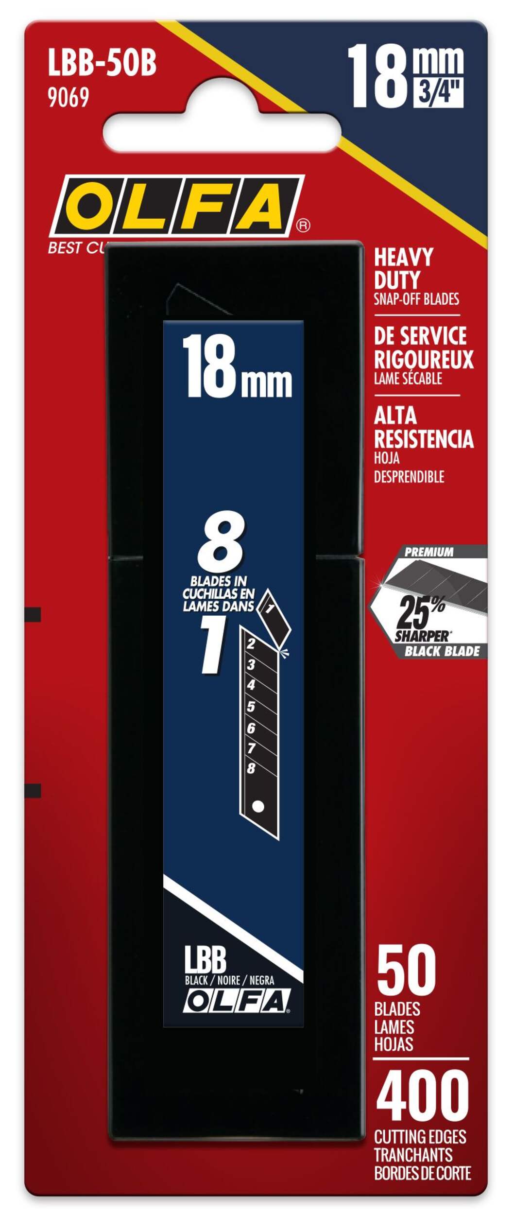 OLFA LBB-50B 9069 Pro Ultra-Sharp Snap-Off Blades, 18-mm, Black, 50-pk Front_Flat