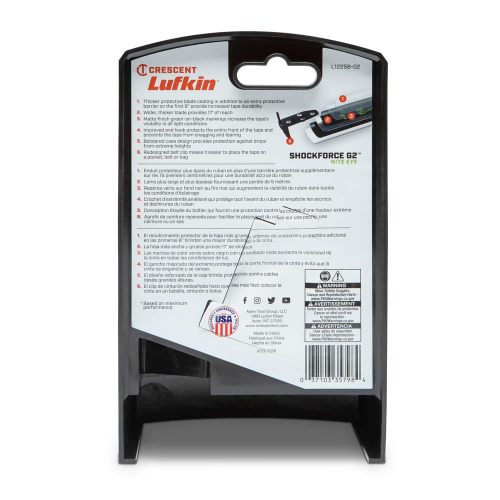 Lufkin Shockforce G2 Nite Eye Tape Measure, 25-ft