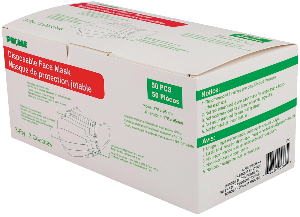 PRIME Adjustable 3Ply Disposable Face Masks, Blue, 50pk Canadian Tire