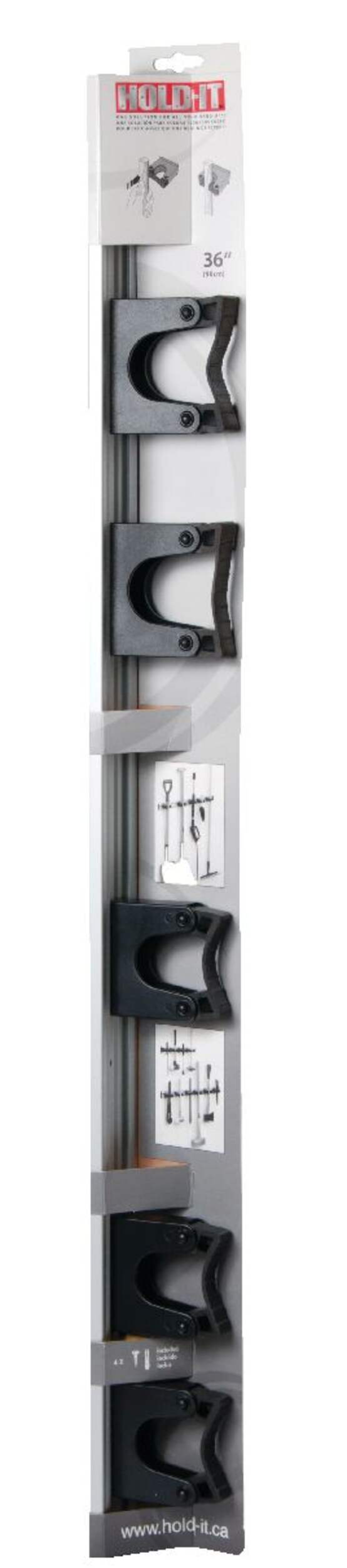 Support mural polyvalent en aluminium Hold-It pour balai/vadrouille, grand, 36 x 3 x 2,2 po Front_Flat