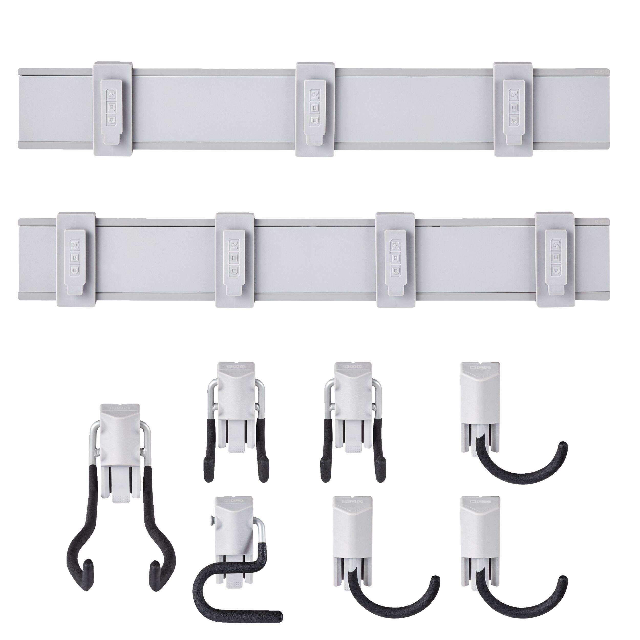 Mastercraft MOD Wall Organization Starter Kit, 9-pc, 2 Wall Tracks & 7 Hooks Front_Flat