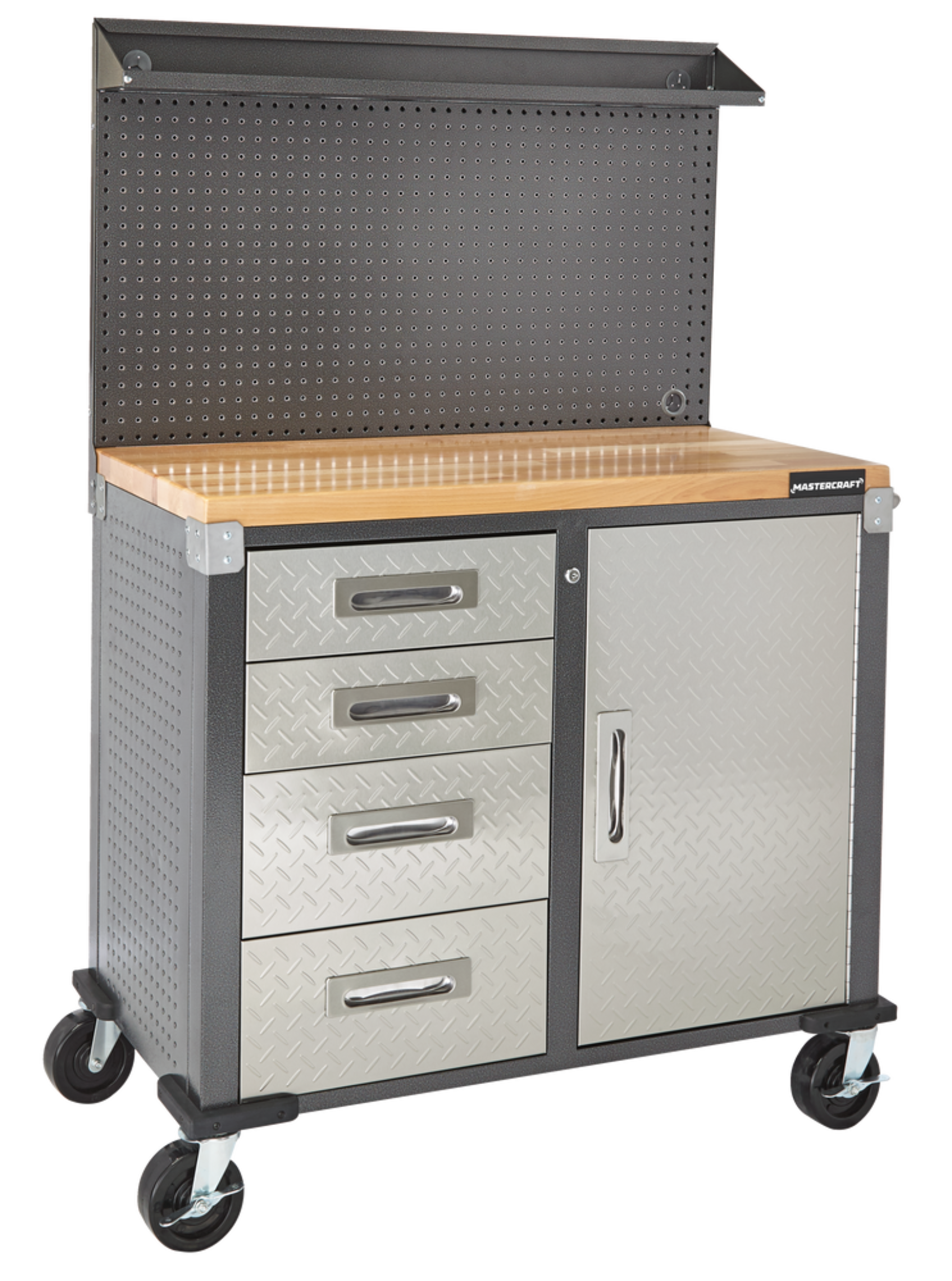Mastercraft 4 -Drawer, 1-Door Wooden Top Workstation + Cabinet with Pegboard and Wheels, 40 x 20 x 61-in Front_Three_Fourths_Angled_Right