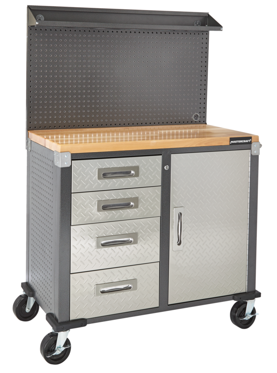 Mastercraft 4 -Drawer, 1-Door Wooden Top Workstation + Cabinet with  Pegboard and Wheels, 40 x 20 x 61-in