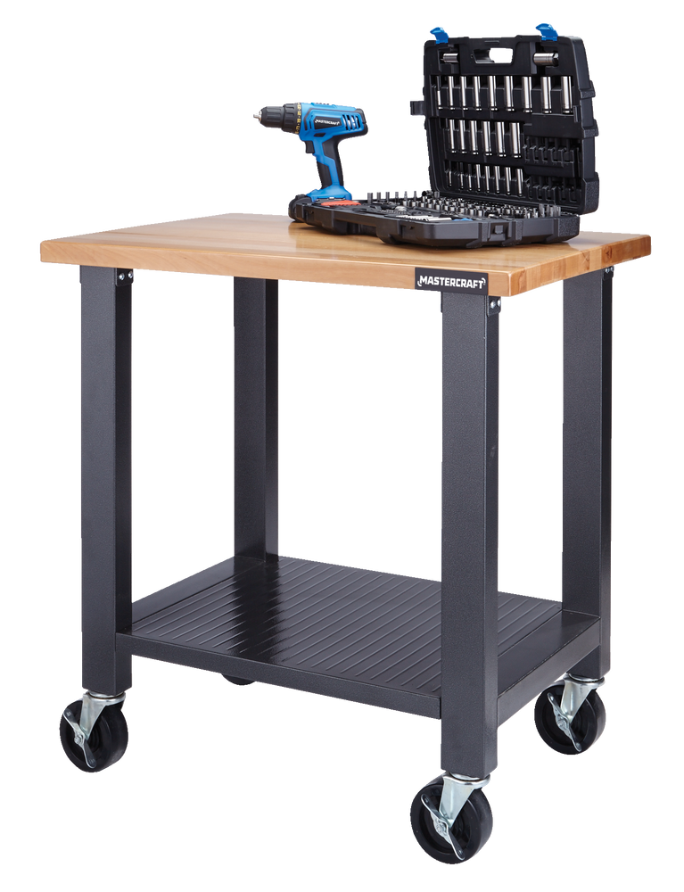 Établi/table de travail en bois robuste avec roues Mastercraft, série