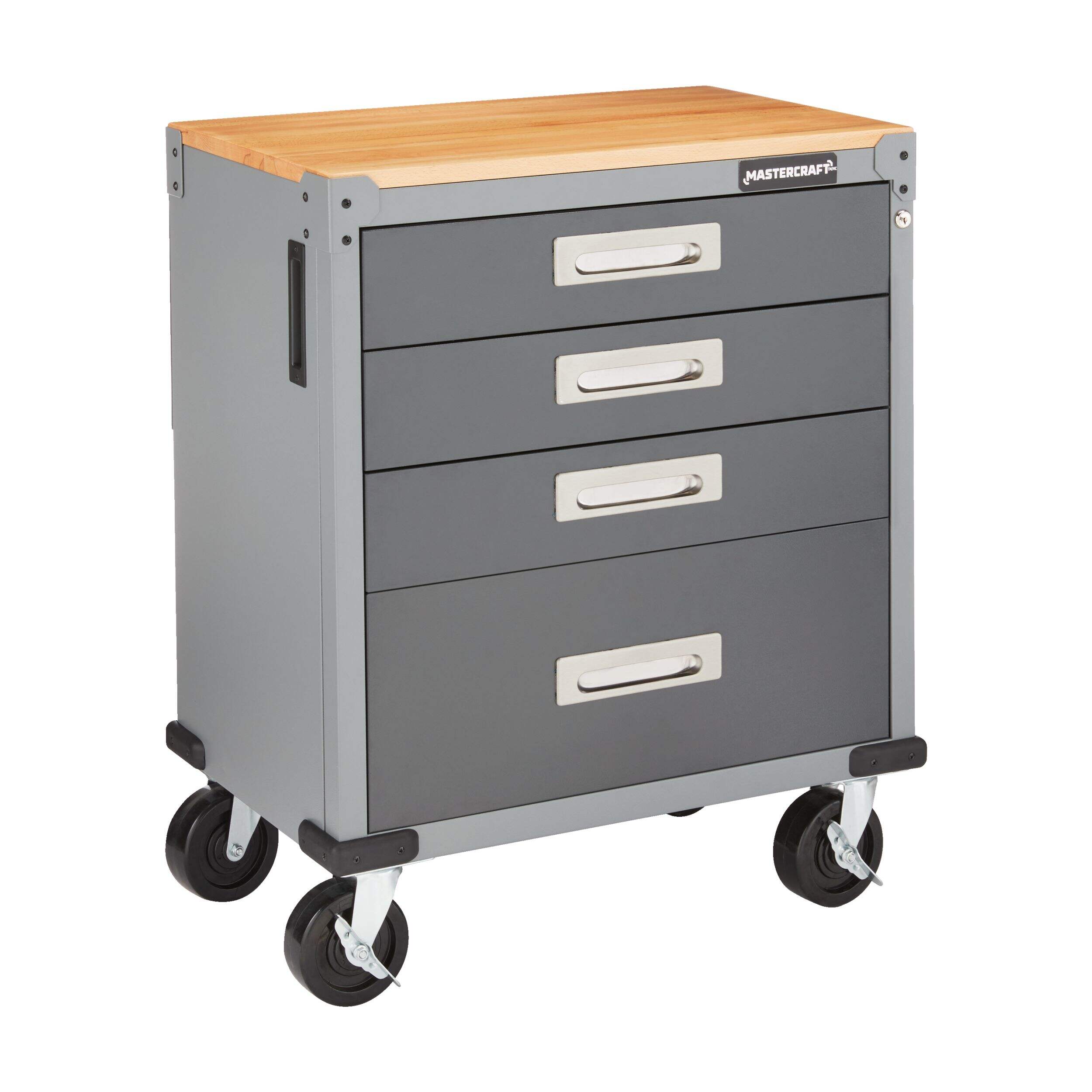 Mastercraft 4-Drawer Wooden Top Base Cabinet, Mobile, 87.6 x 71.1 x 45.7 cm, Grey Front_Three_Fourths_Angled_Right