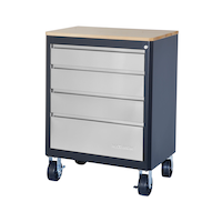MAXIMUM 4-Drawer Pre-Assembled Wooden Top Base Cabinet with Stainless Steel Fronts & Castors,  28-in Front_Three_Fourths_Angled_Left