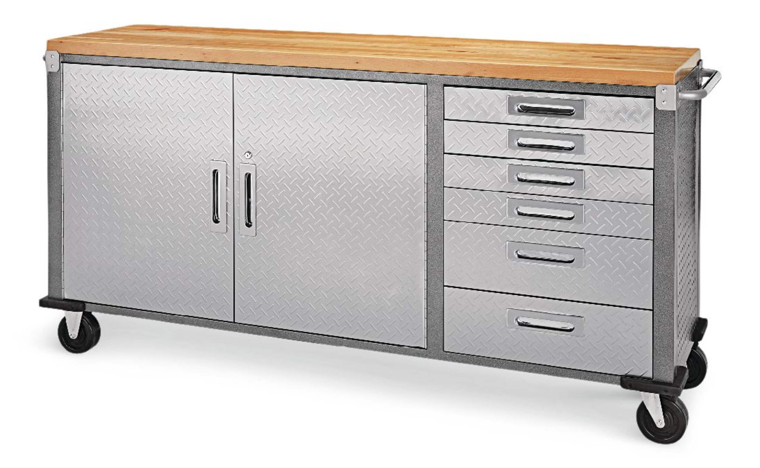 Mastercraft 72" Diamond Series 2-Door, 6-Drawer Wooden Top Work Station with Wheels, 72 x 20 x 37.5-in Front_Angled_Left