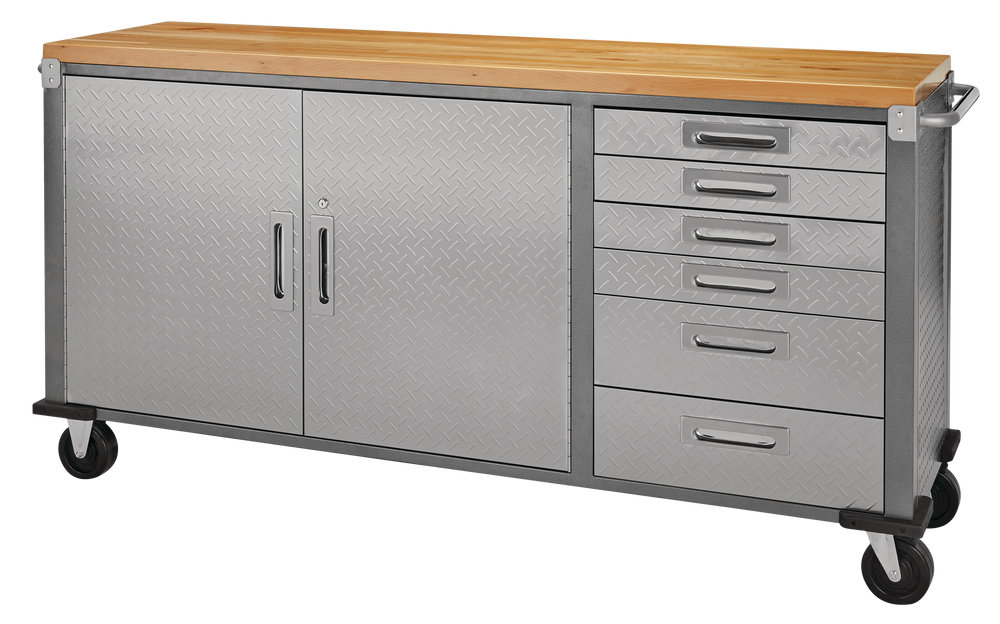 6-Drawer, 2-Door Wooden Top Base Storage Cabinet with Shelf  & Wheels, Diamond Series, 77 x 20 x 38-in Mastercraft