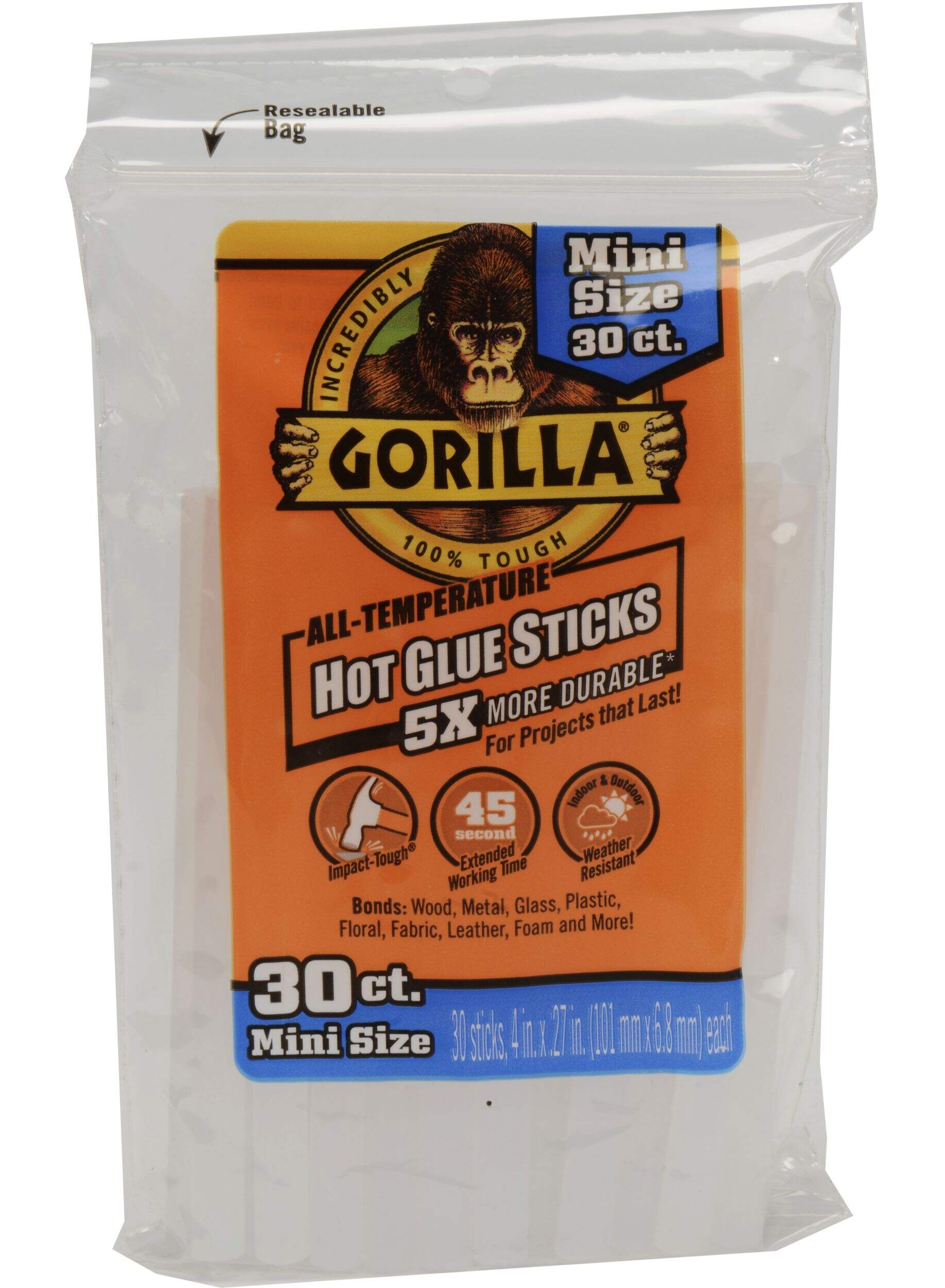 Gorilla Clear All-Purpose Hot Glue Gun Sticks, 4-in, 30-pk, Assorted Sizes Front_Flat