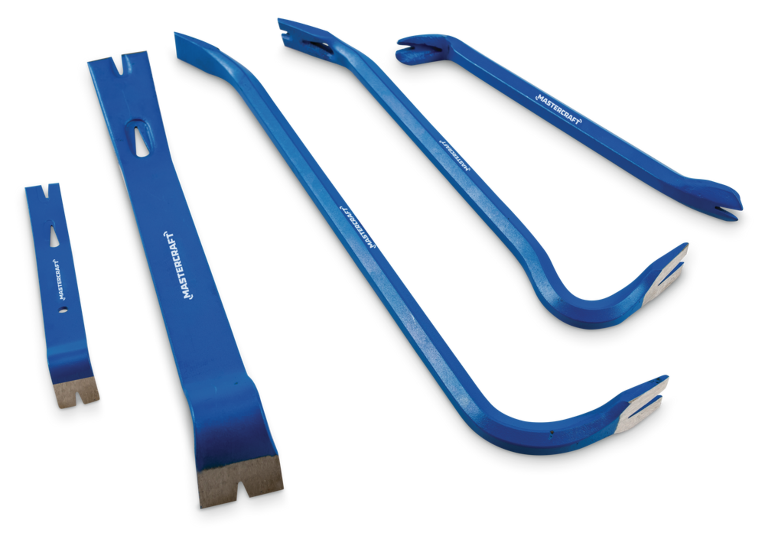 Mastercraft 5-pc Wrecking Set with 14-in and 17-3/4-in Wrecking Bars, 7-in and 15-in Flat Pry Bars, 11-in Nail Puller Overhead_Plunge