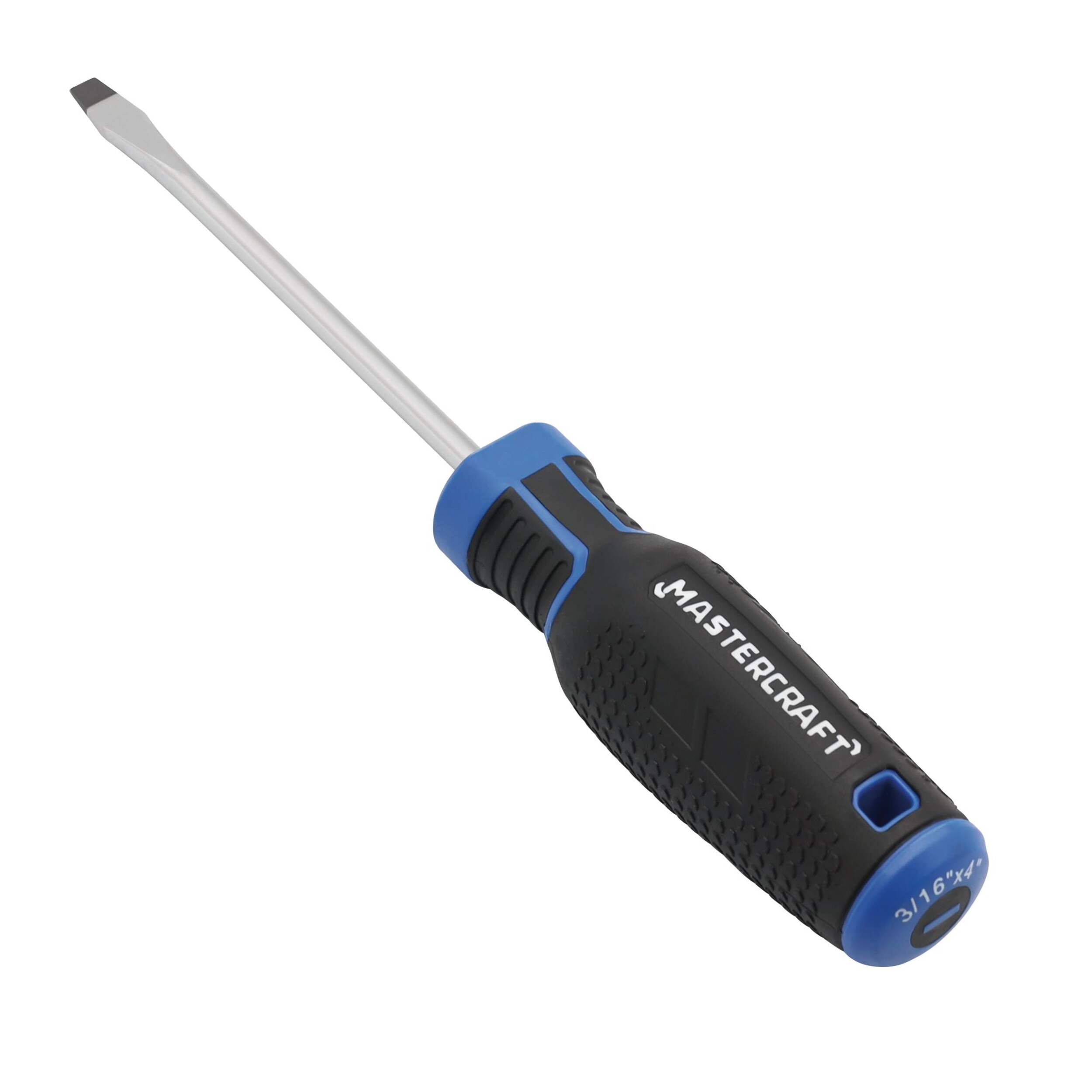 Mastercraft 3/16-in x 4-in Flat Head Screwdriver, Slotted,  Rubber Grip Front_Three_Fourths_Angled_Right