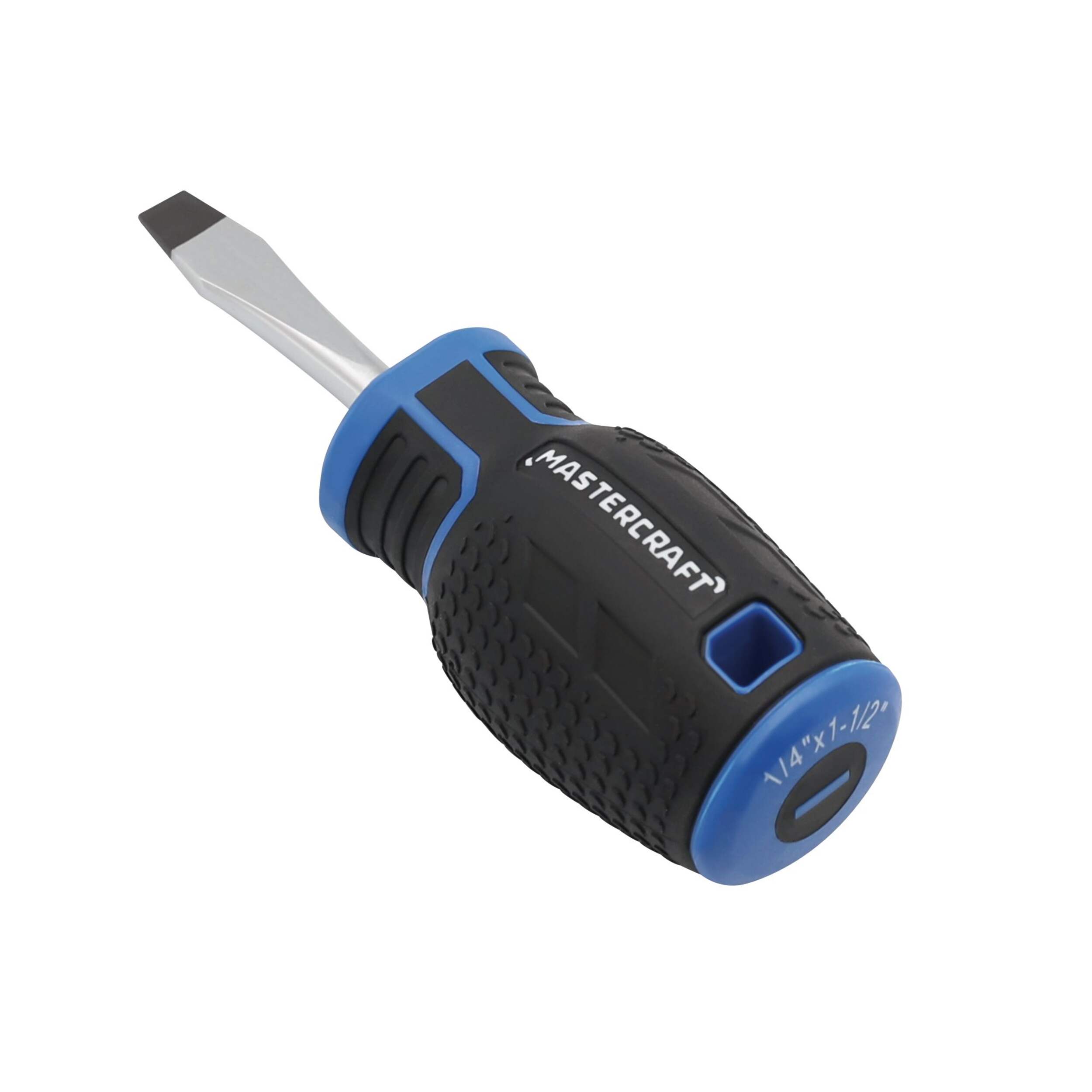Tournevis à tête plate court Mastercraft, 1/4 po x 1,5 po, à fentes, prise en caoutchouc, magnétique Front_Three_Fourths_Angled_Right