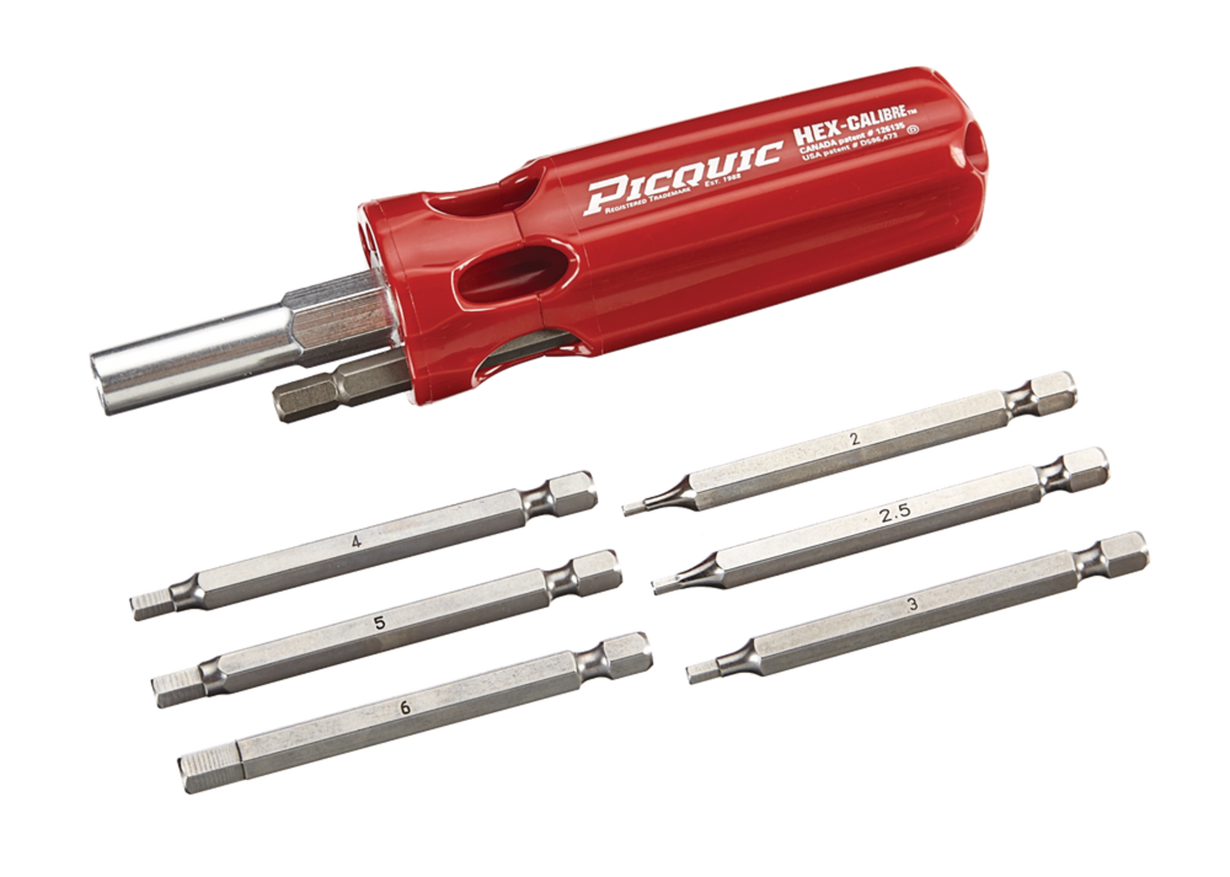 Picquic "Hex Calibre"™ 7-pc Multi-Bit Hex Screwdriver with 7 Metric Hex-Key Bits, Full-Size, Red, 88153 Overhead_Plunge