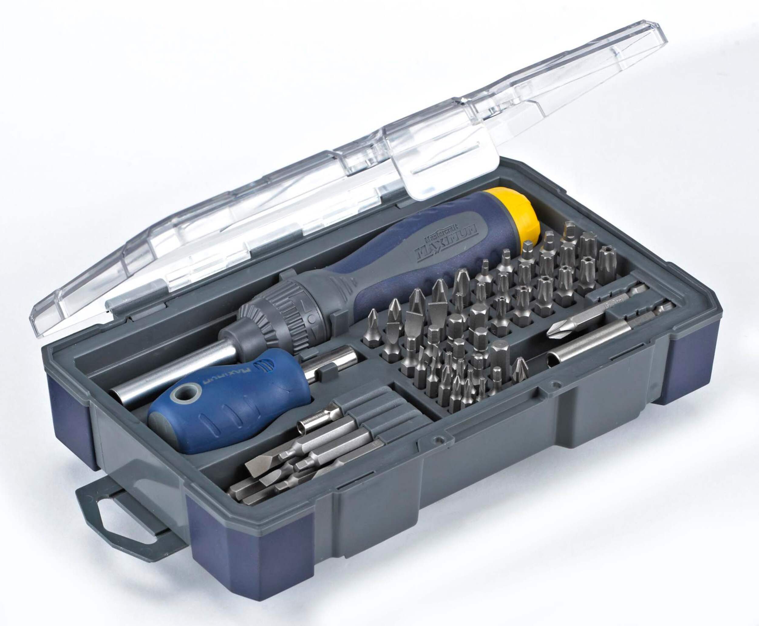 Mastercraft Ratchet Screwdriver and Bit Set, 62-pcs Front_Angled_Right