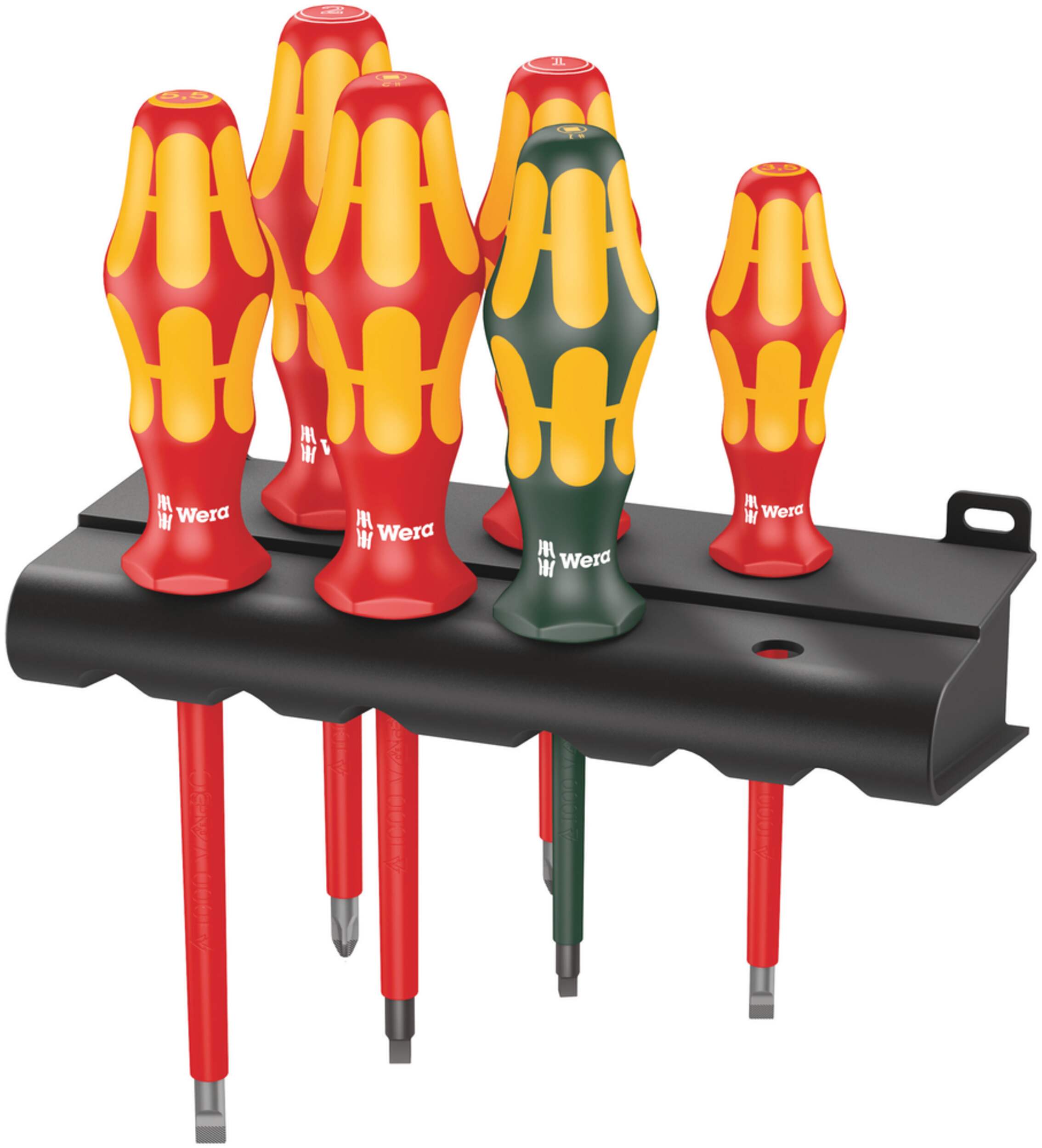 Wera Tools 6-pc 1000-Volt Insulated Screwdriver Set with Rack, 05347777001, 160I/168I/6 Front_Angled_Left