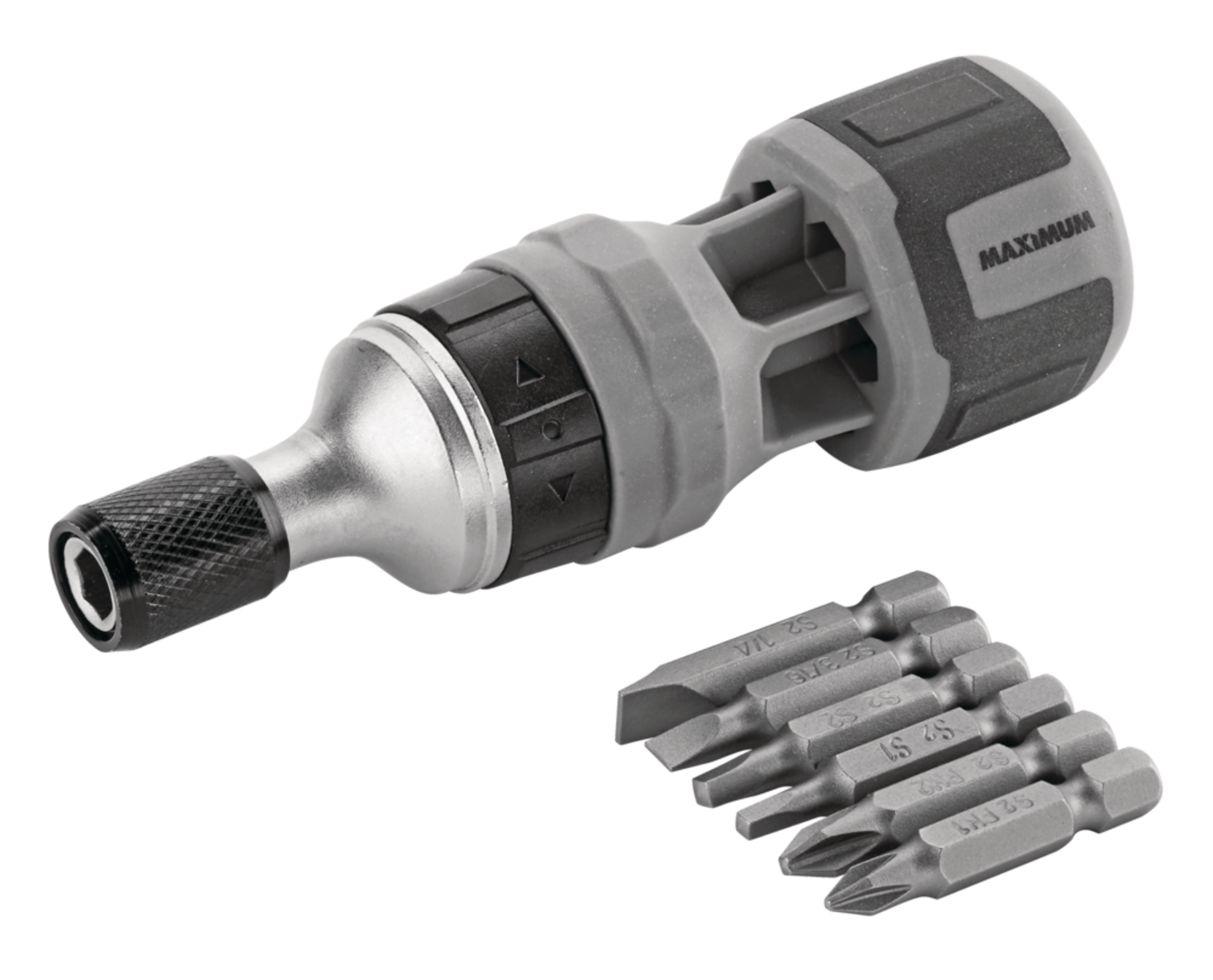 Maximum 6-in-1 Stubby Ratcheting Multi-Bit Screwdriver with Quick Release Chuck Front_Angled_Left