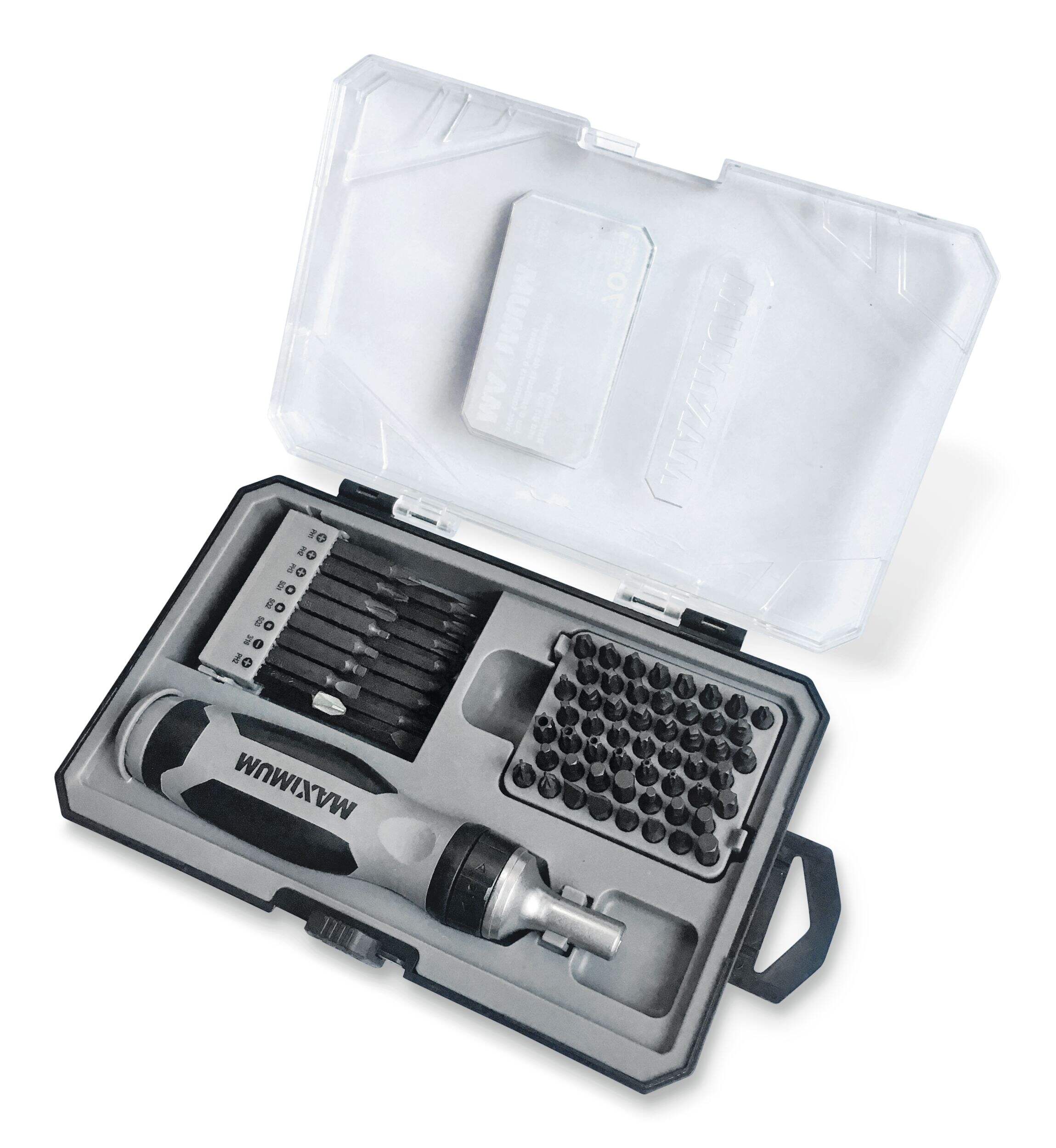 MAXIMUM 70-pc Ratcheting Screwdriver Set with S2 Black Oxide Bits & Plastic Storage Case Front_Angled_Left