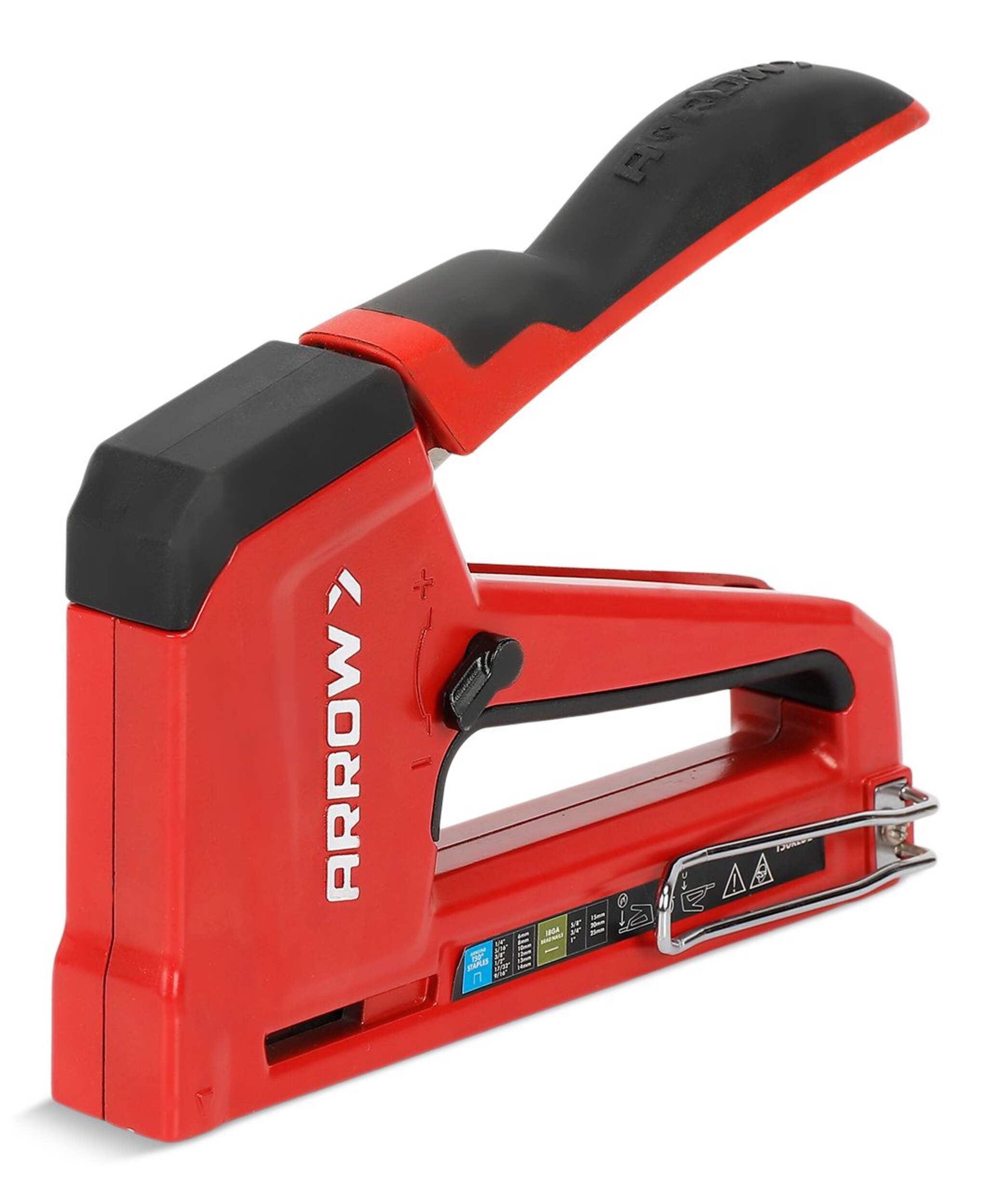 Arrow Heavy Duty Manual 2-in-1 Staple Gun and Brad Nailer, Fits T-50 Staples & 1/2-in, 9/16-in, 5/8-1-in Brads, Red Front_Three_Fourths_Angled_Left
