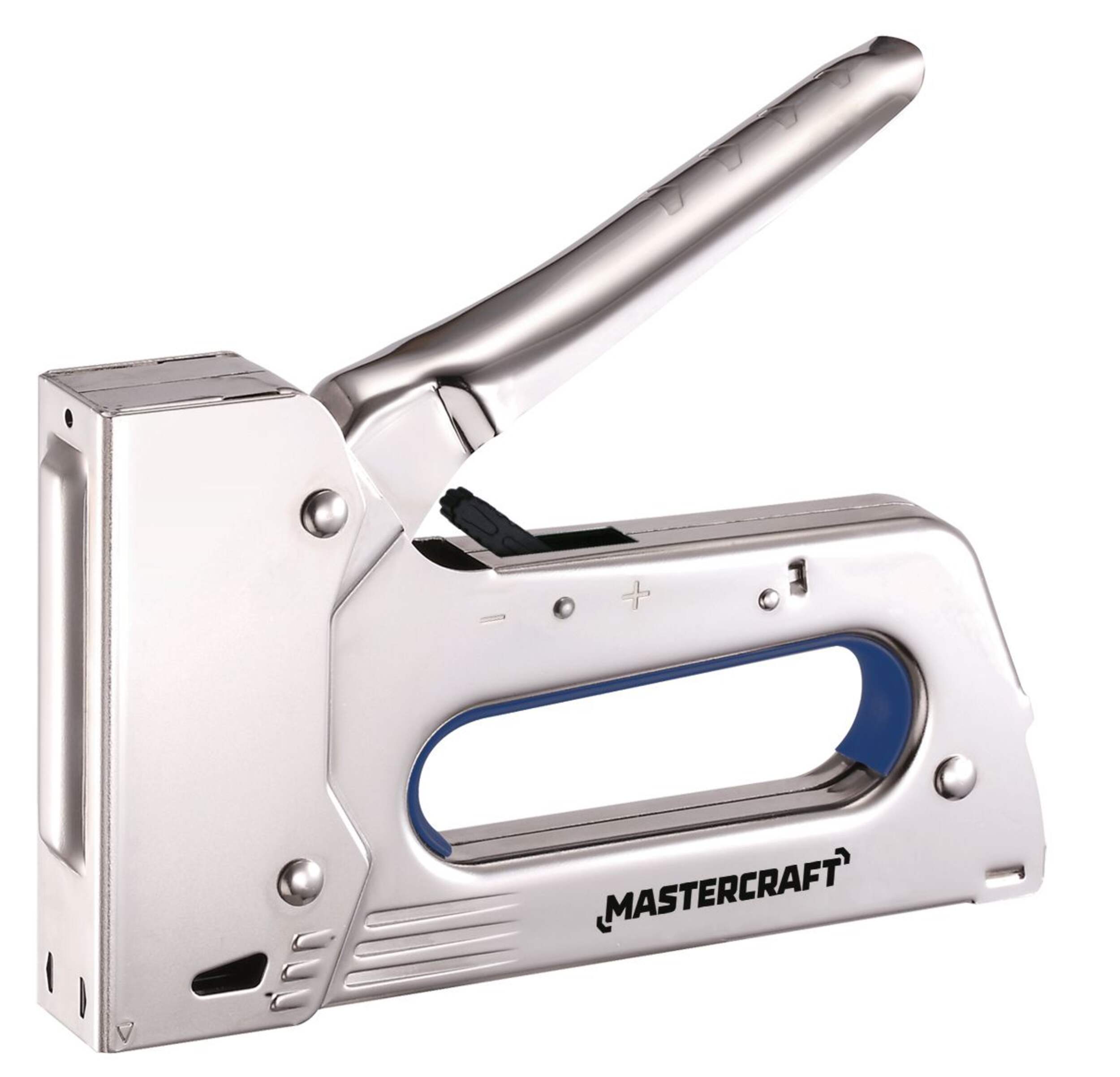 Mastercraft Heavy-Duty Manual Stapler Gun, Rear Loading, Insulated Grip, Fits T-50 or Equivalent 1/4-9-15-in Staples Front_Three_Fourths_Angled_Left