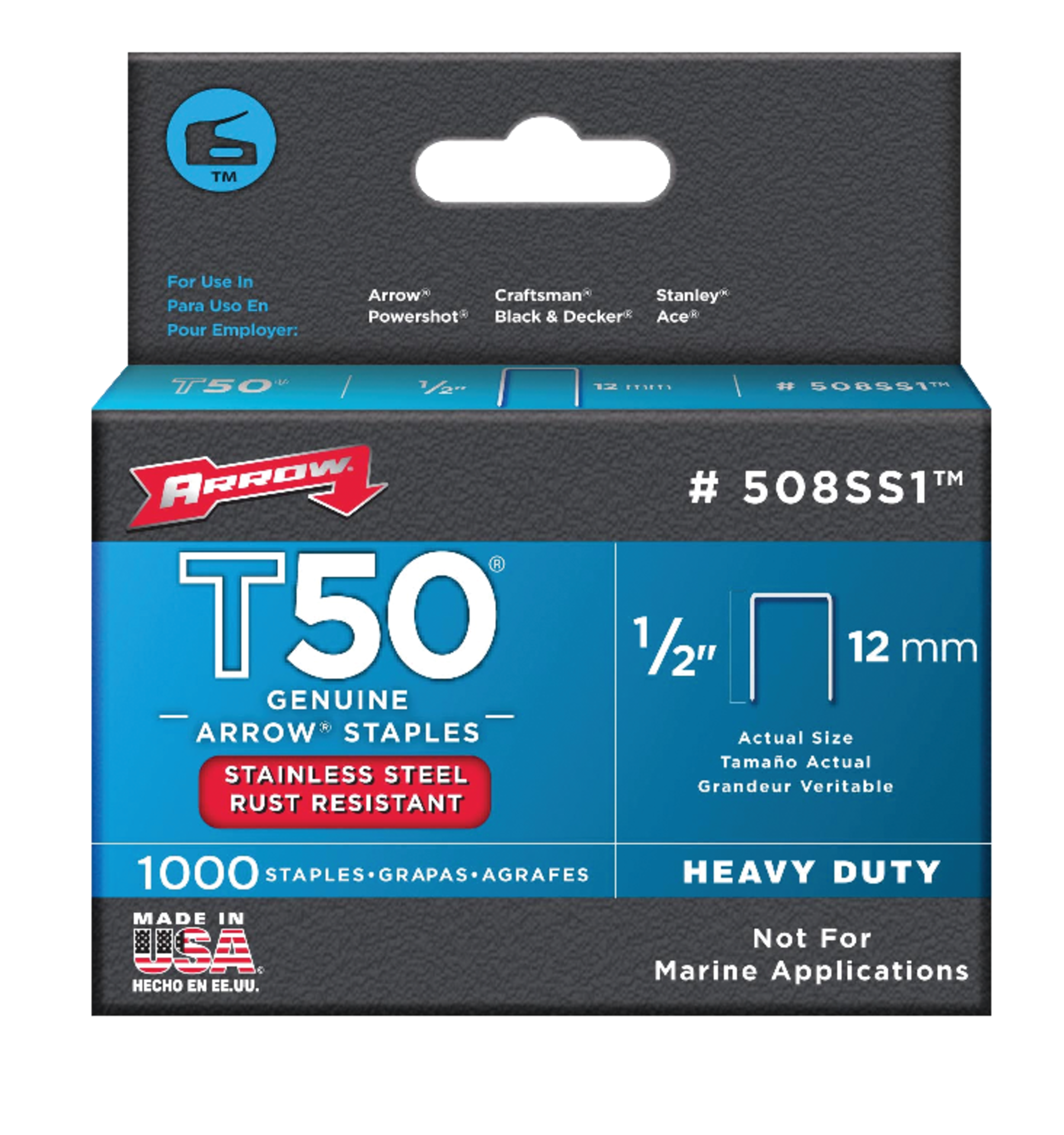 Arrow Fastener 508 1/2-in T50 Heavy Duty Staples, 1000-pk Front_Elevated