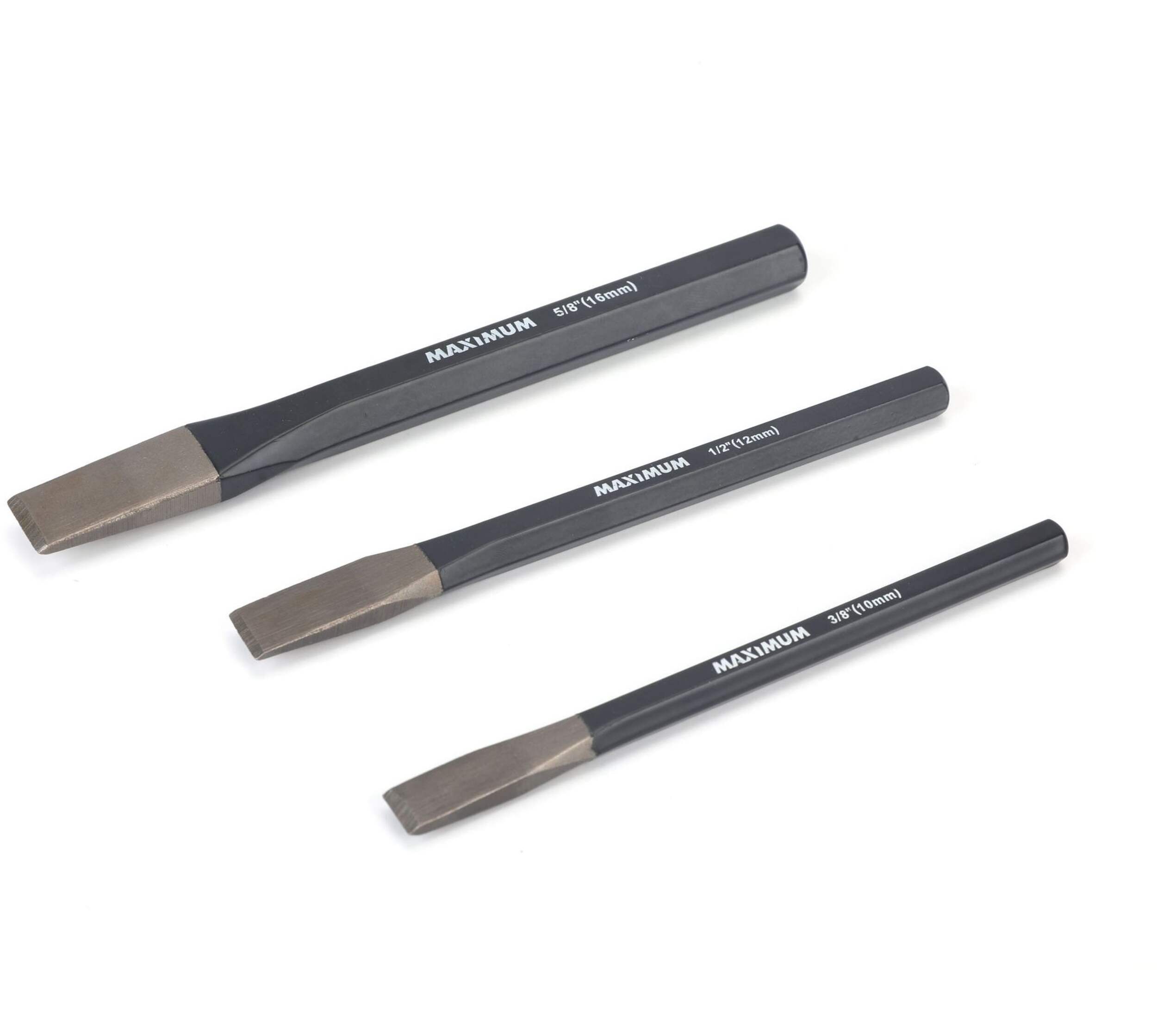 Ciseaux à froid à arbre hexagonal MAXIMUM, acier à haute teneur en carbone, 5/8, 1/2, 3/8 po, paq. 3 Front_Angled_Left