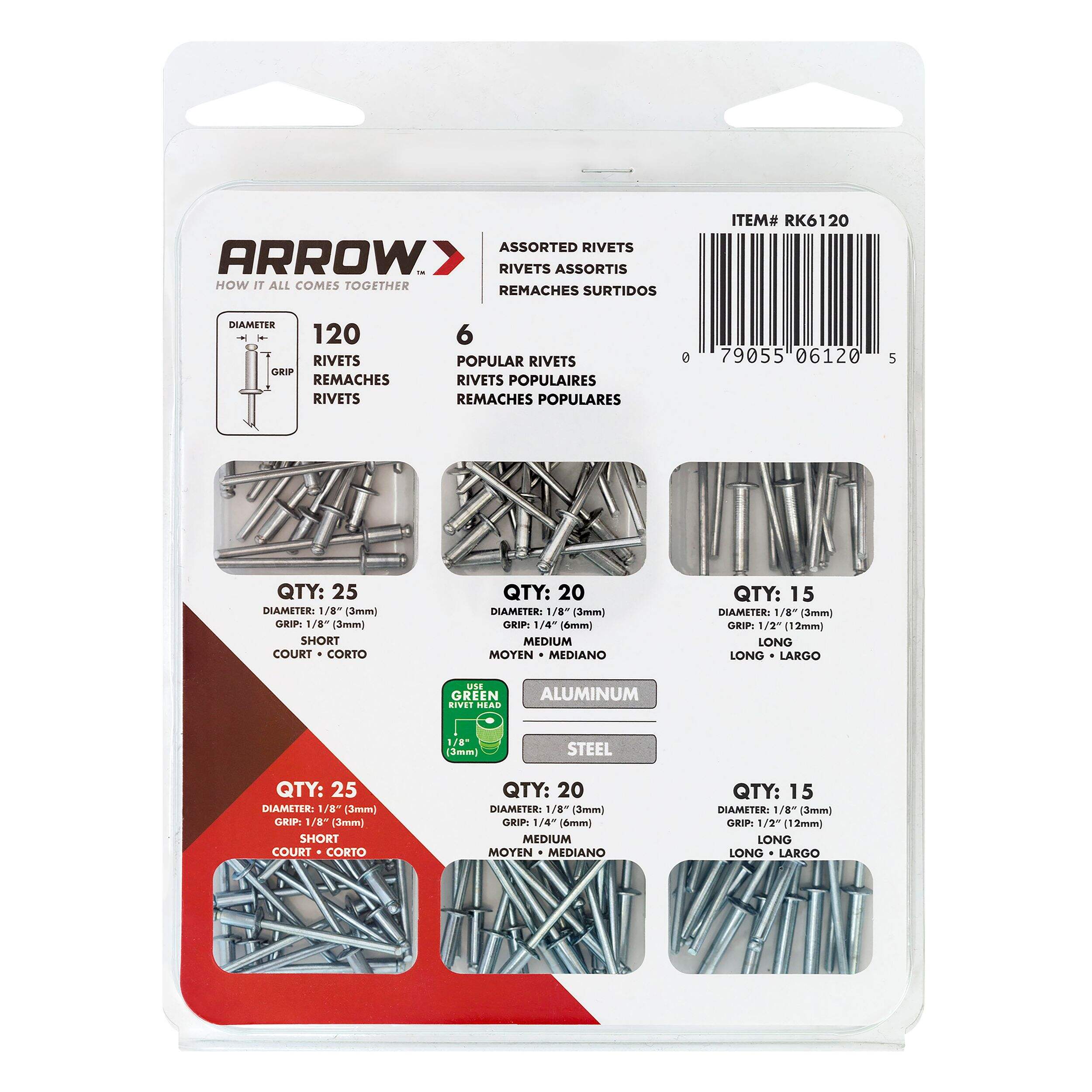Arrow Multi Purpose Rivet Set, 120-Pack Back_Flat