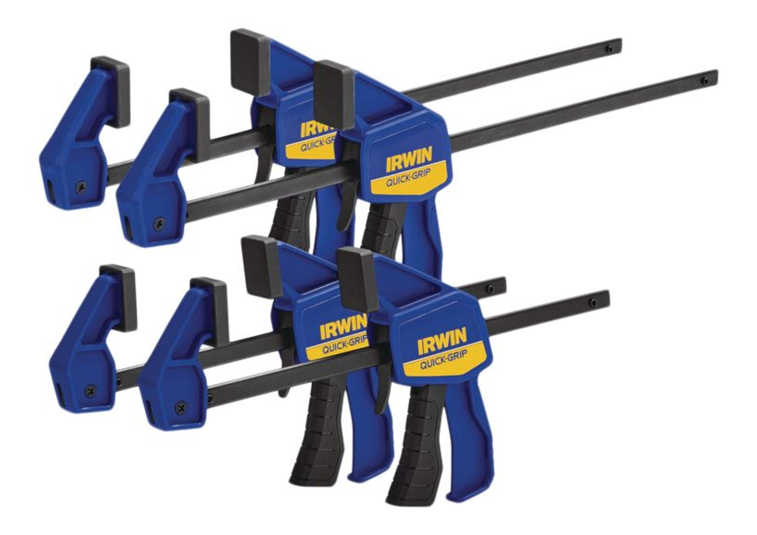 Irwin 6-in & 12-in Mini Trigger Bar Clamp Set, 1.2-in Throat, One Handed, 4-pk Front_Three_Fourths_Angled_Left