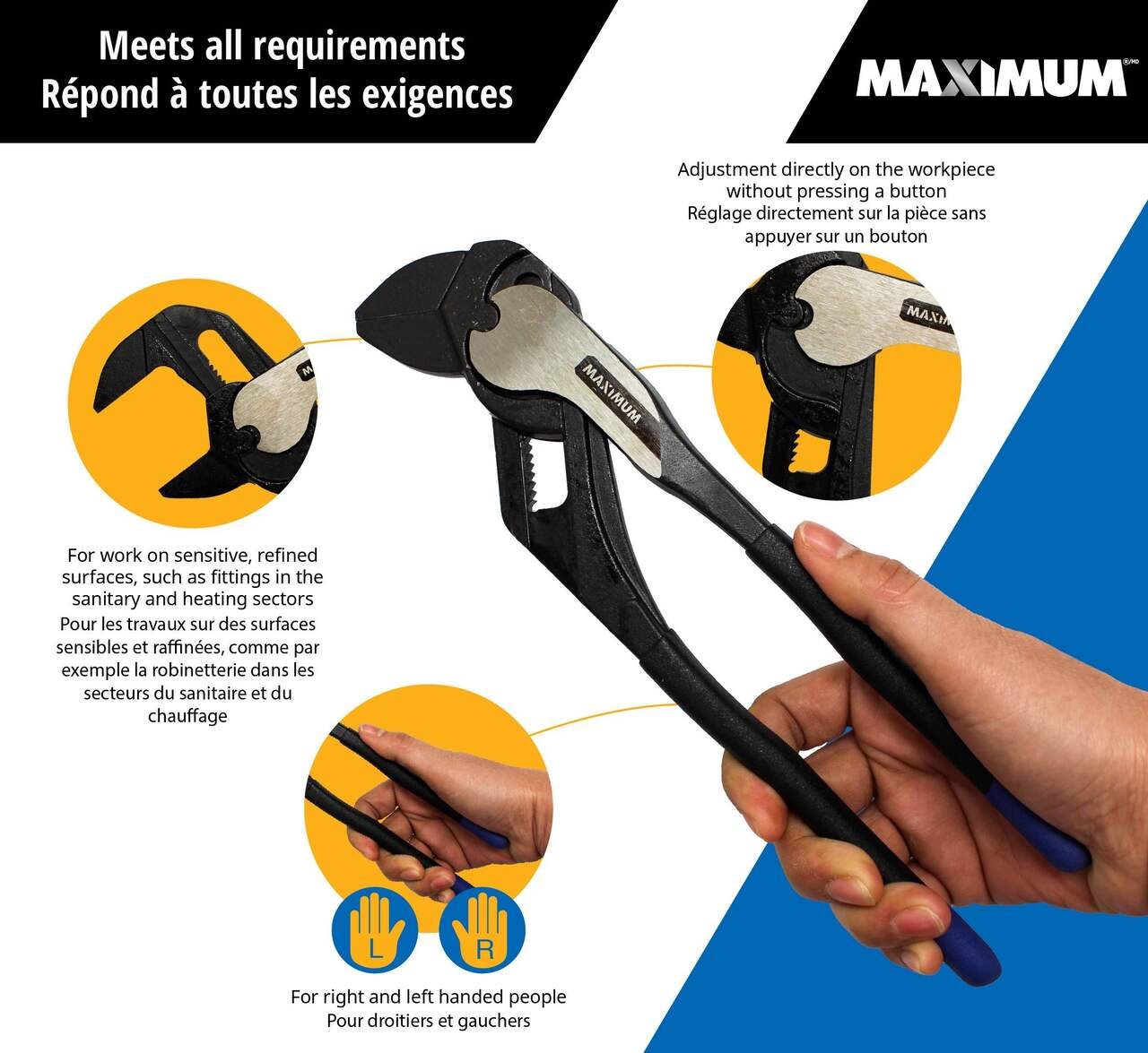 MAXIMUM Pliers Wrench, Smooth Jaws, Black Oxide Coating, Rust Resistant,  Colour Coded Tips, 10-in