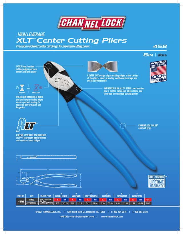 Channellock® 458 XLT Center Cutting Pliers, Comfort Grip, 8in