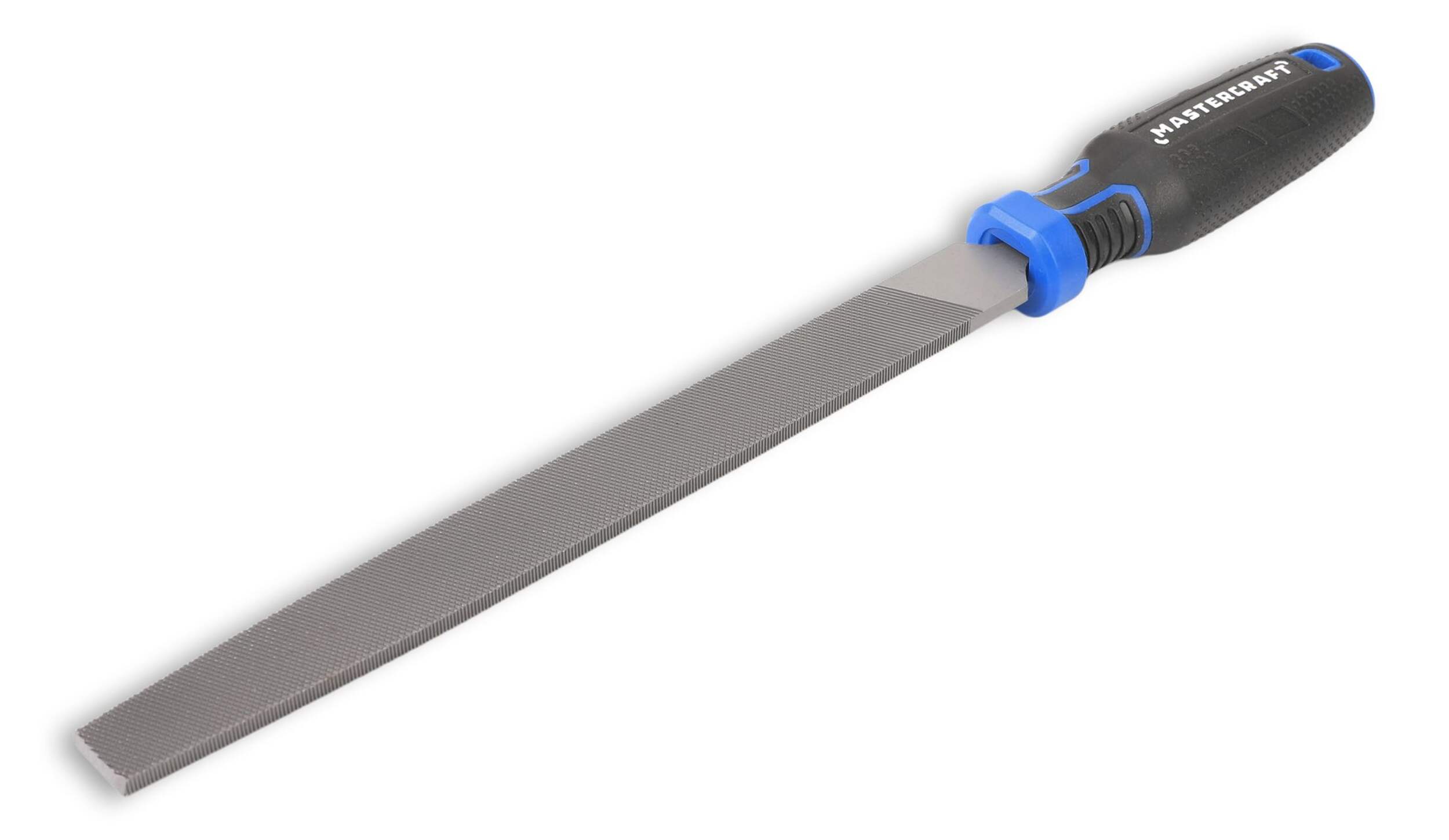 Mastercraft Flat Bastard File, Double Cut Teeth, Ergonomic Handle, High Carbon Steel Front_Three_Fourths_Angled_Left