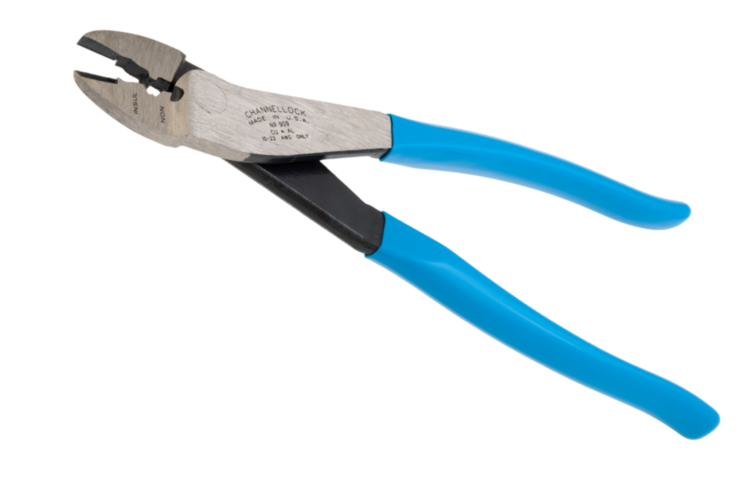 CHANNELLOCK® 909 Crimping Tool Pliers with Cutter, 10-22 Gauge, Forged High Carbon Steel, 9.5-in (24.1 cm) Front_Three_Fourths_Angled_Left